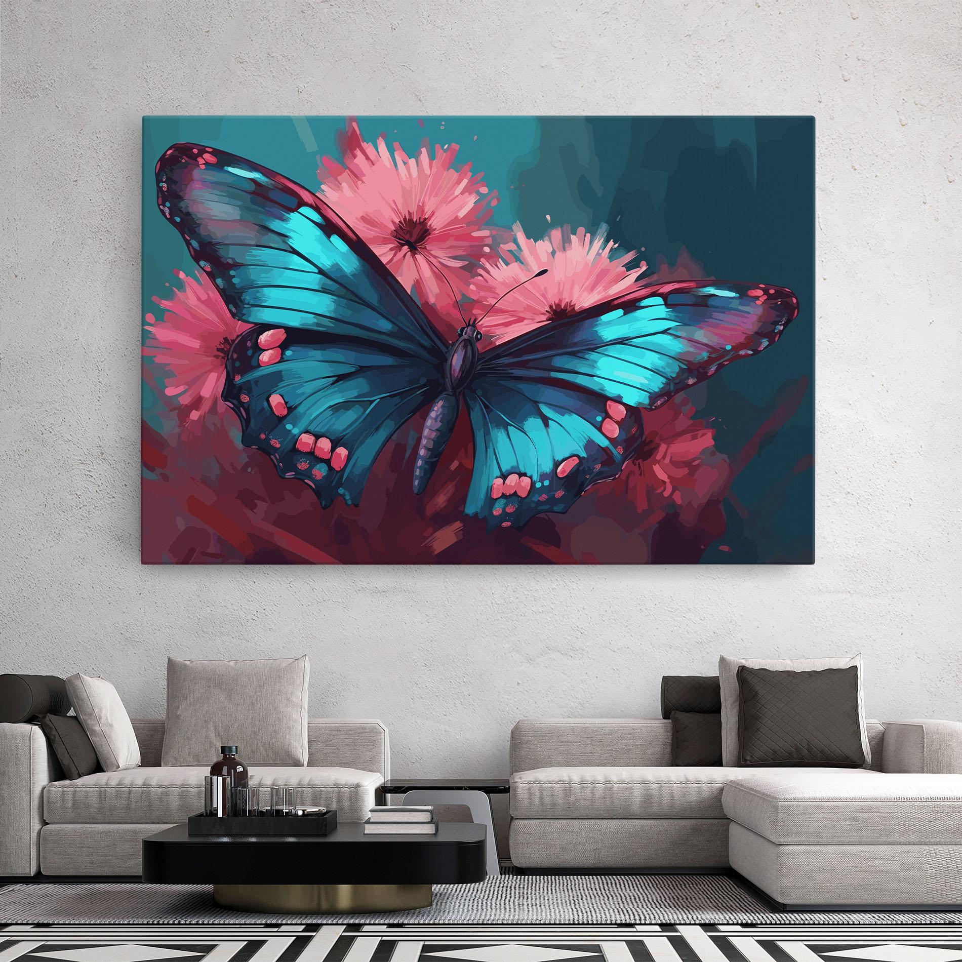 Leinwandbild Blue Butterfly On Pink mockup 2