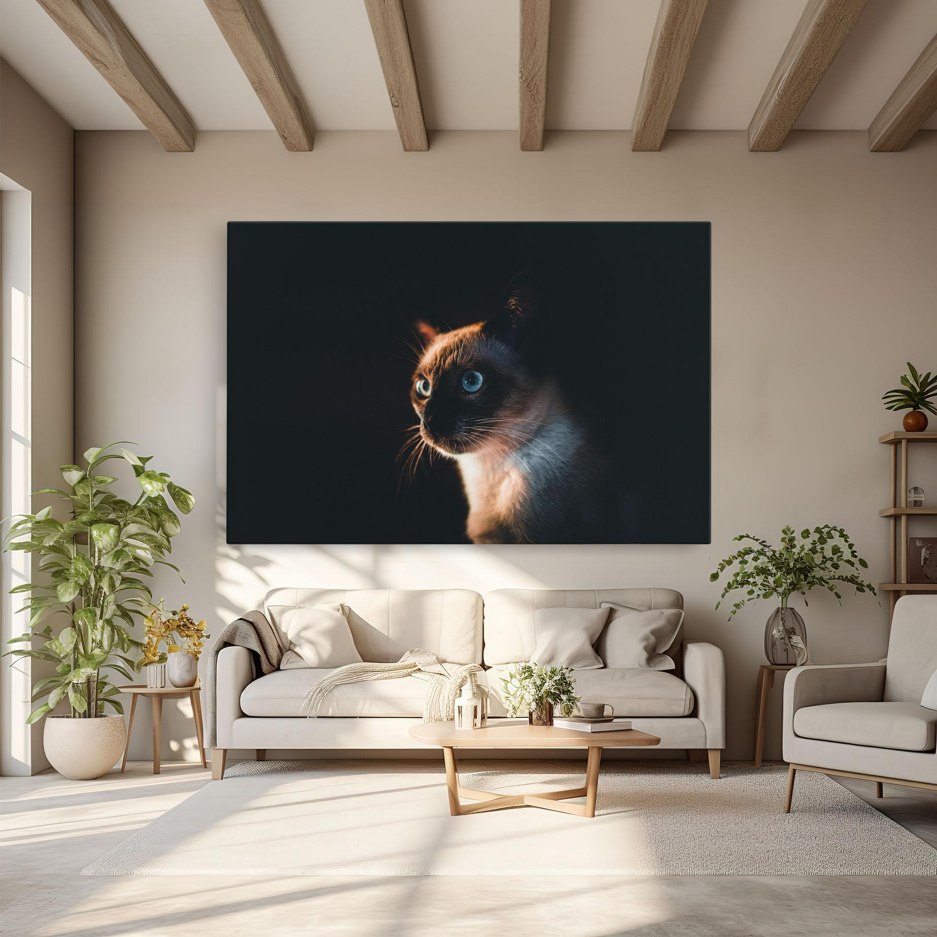 Leinwandbild Blue Eyes Cat In Dark mockup 6