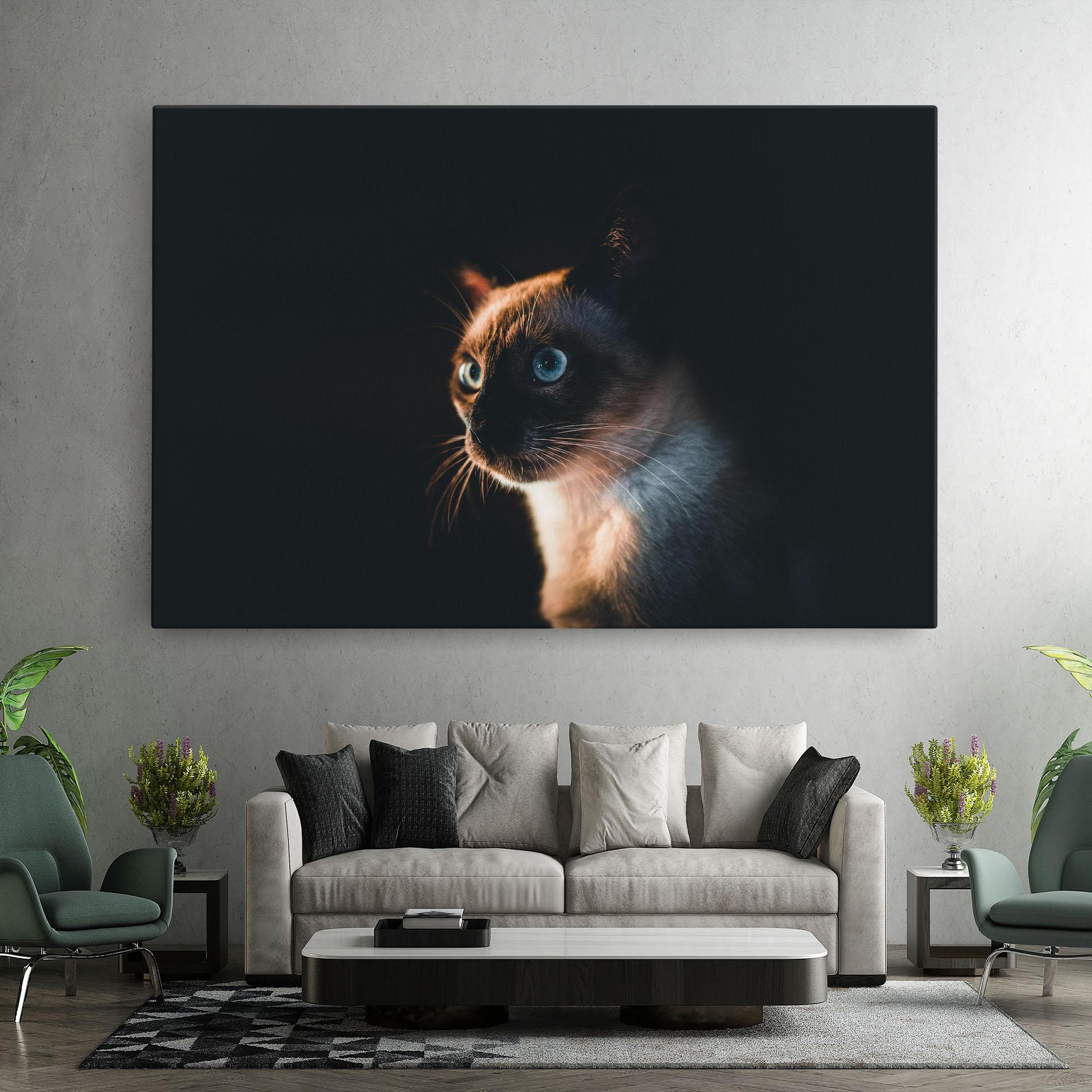 Leinwandbild Blue Eyes Cat In Dark mockup 7