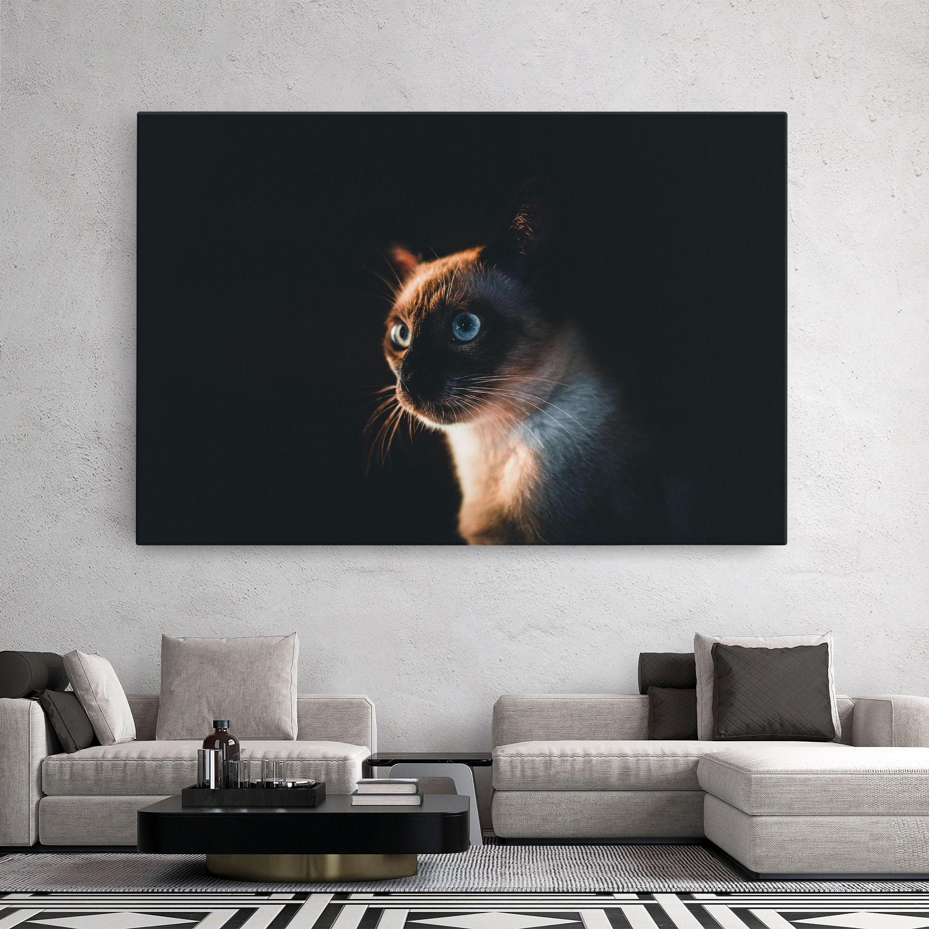 Leinwandbild Blue Eyes Cat In Dark mockup 2