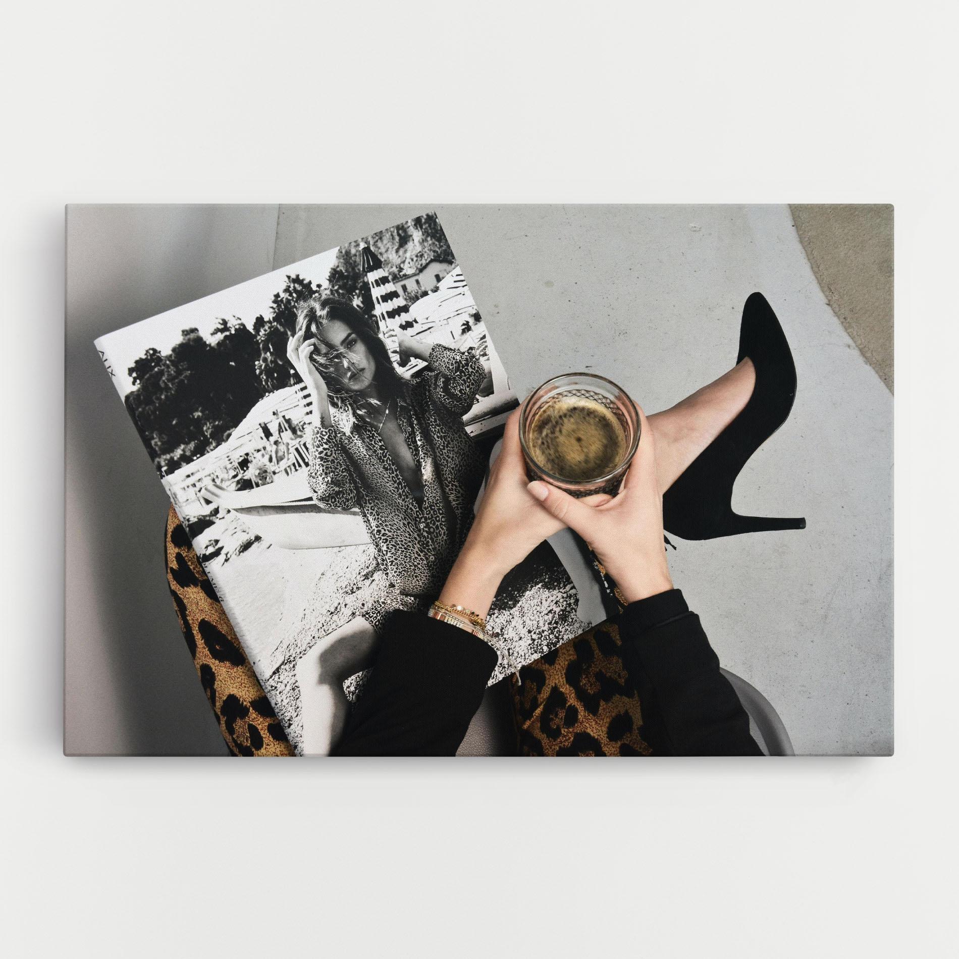 Leinwandbild Black Shoes Holding Coffee mockup 0