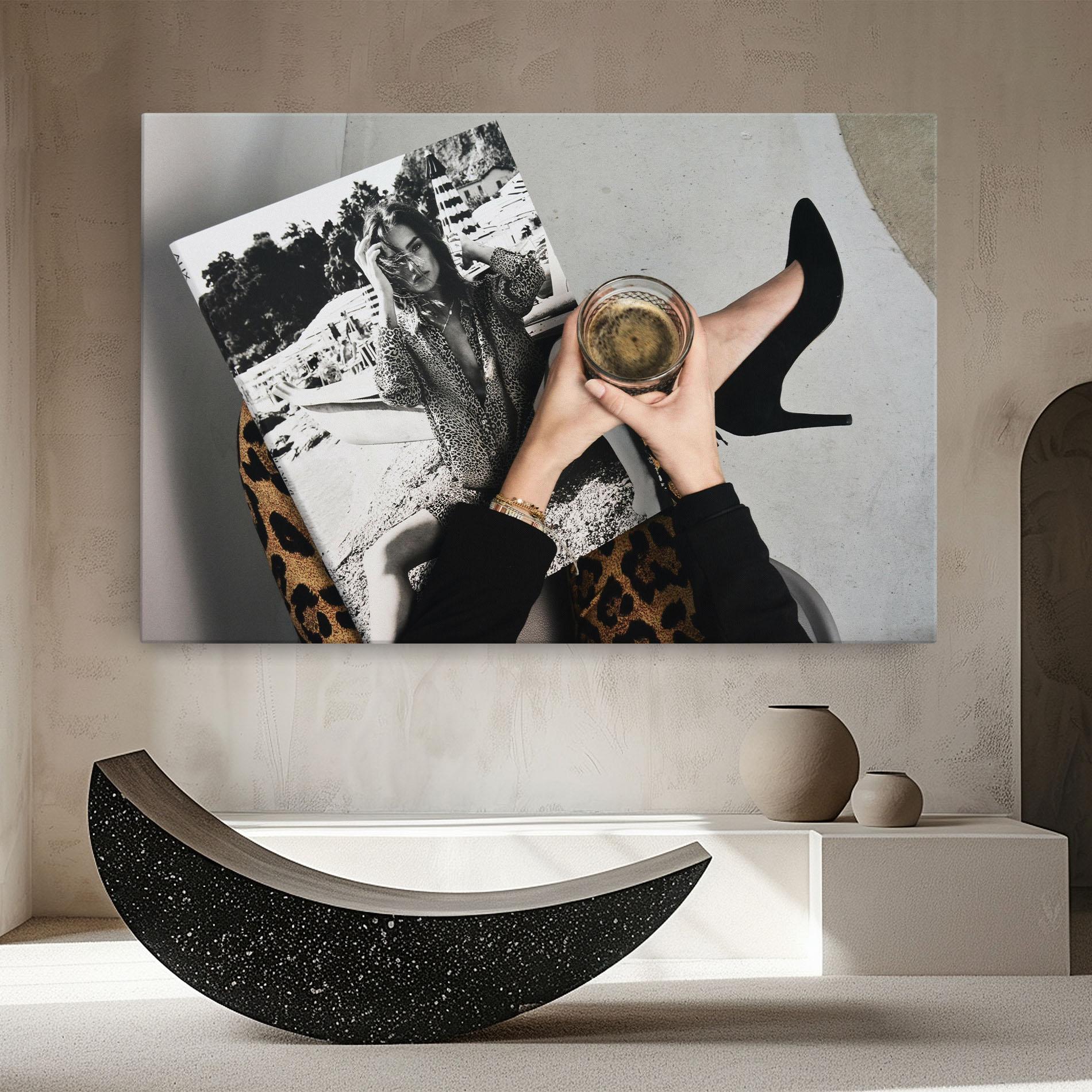 Leinwandbild Black Shoes Holding Coffee mockup 8