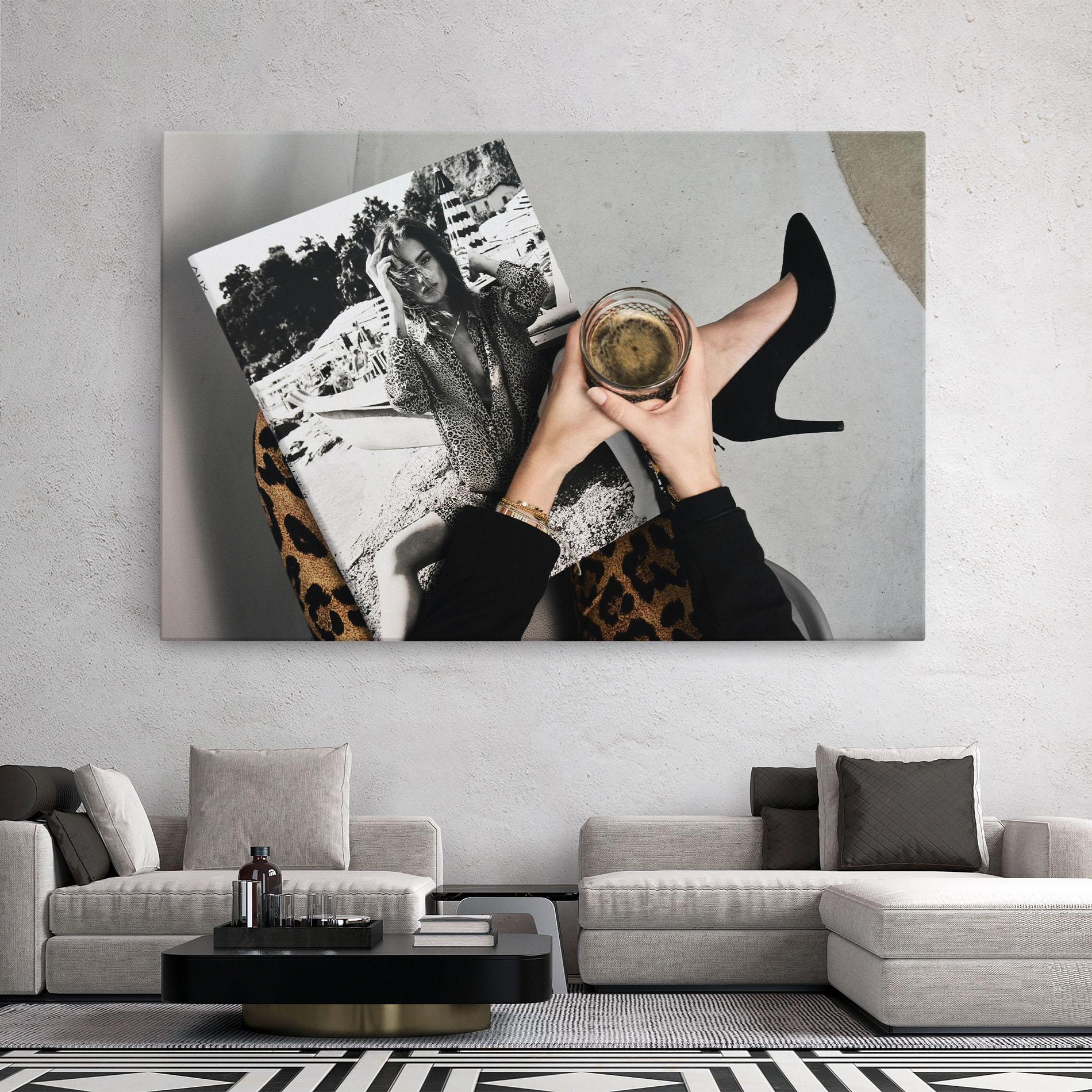 Leinwandbild Black Shoes Holding Coffee mockup 2