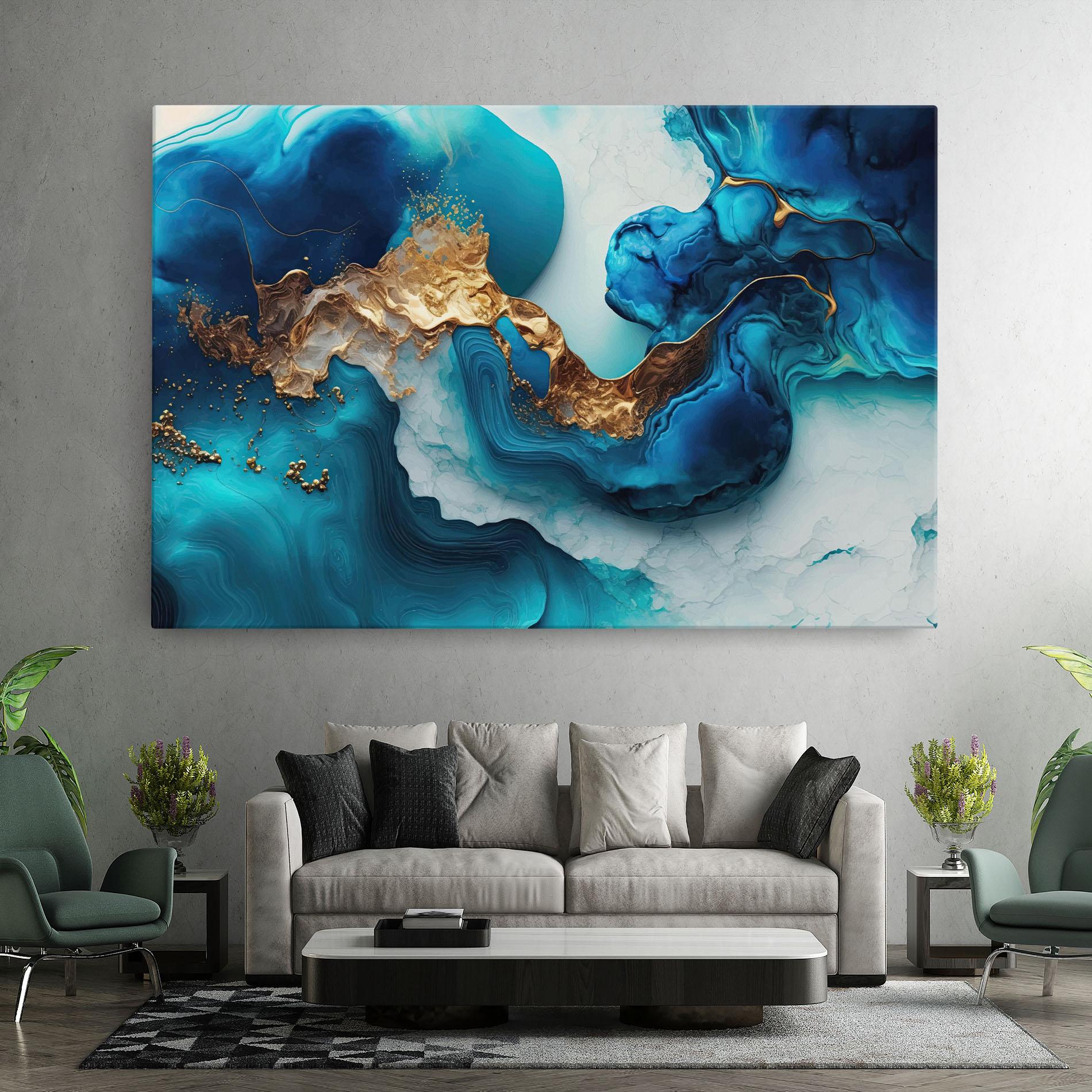 Leinwandbild Gold Blue Art Wave mockup 7