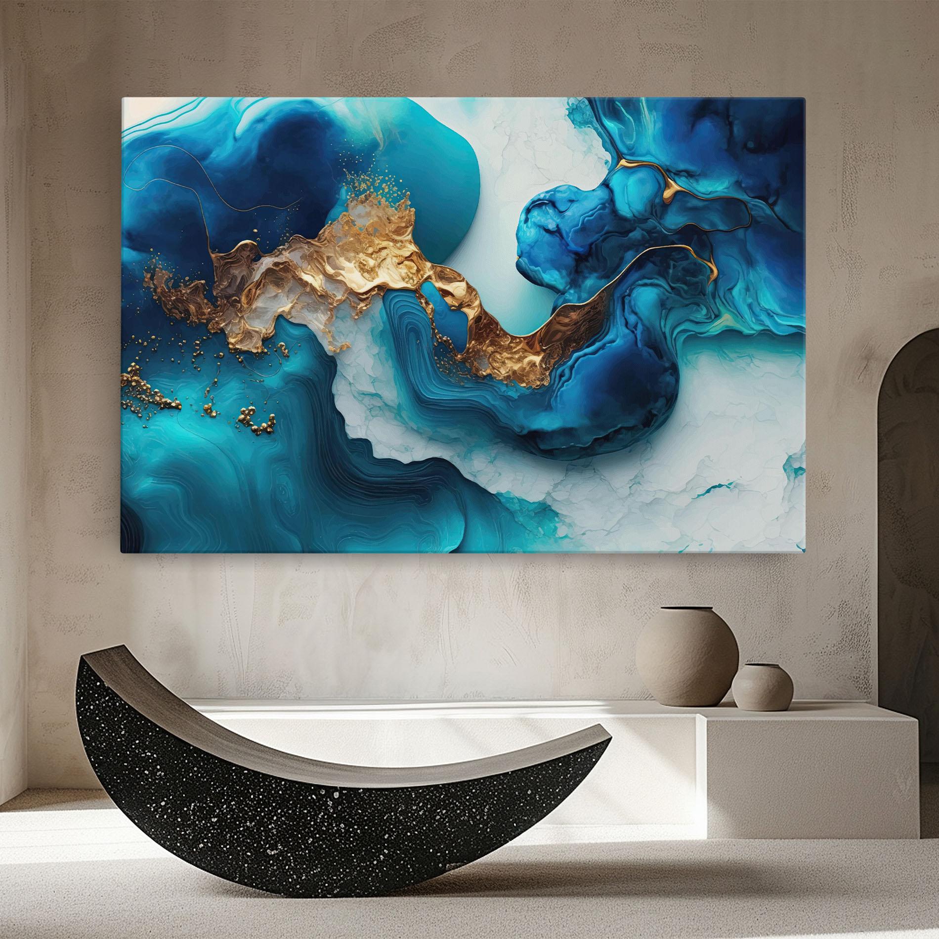 Leinwandbild Gold Blue Art Wave mockup 8