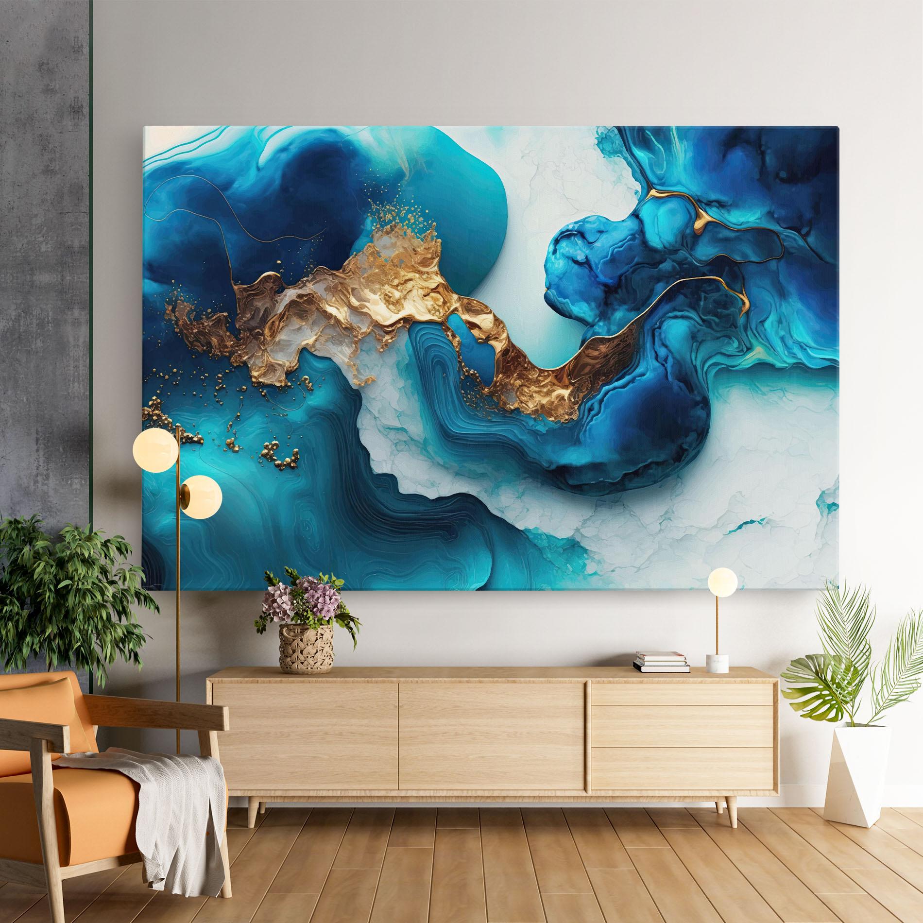 Leinwandbild Gold Blue Art Wave mockup 9