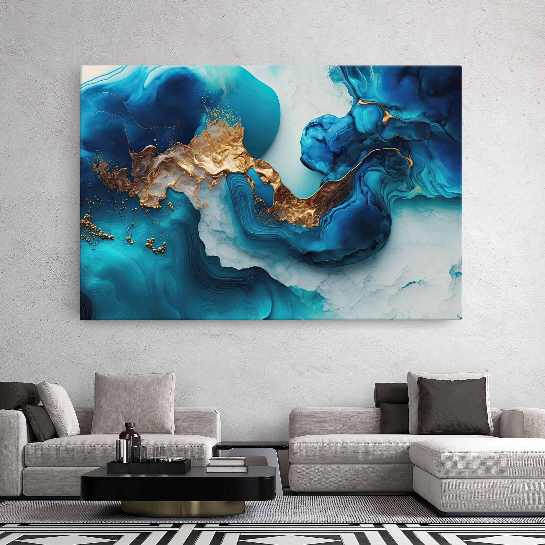 Leinwandbild Gold Blue Art Wave mockup 2