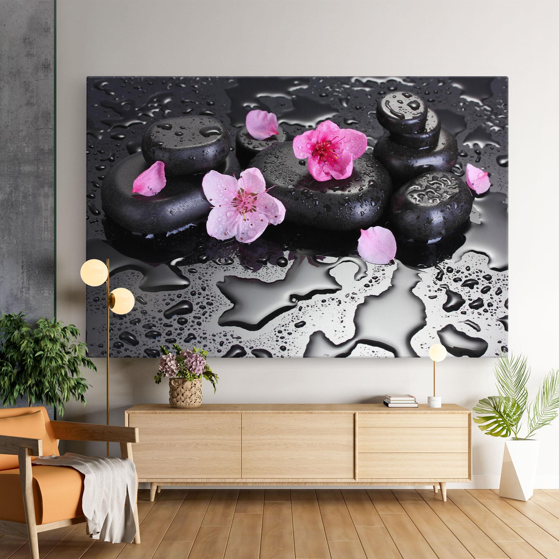 Leinwandbild Pink Flowers Stones mockup 9