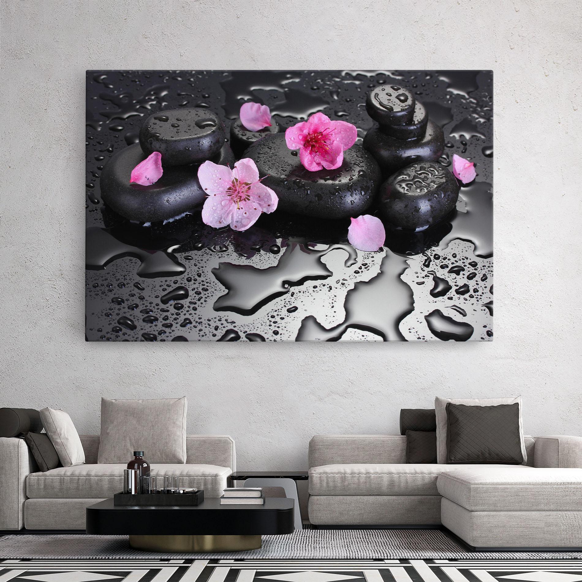 Leinwandbild Pink Flowers Stones mockup 2