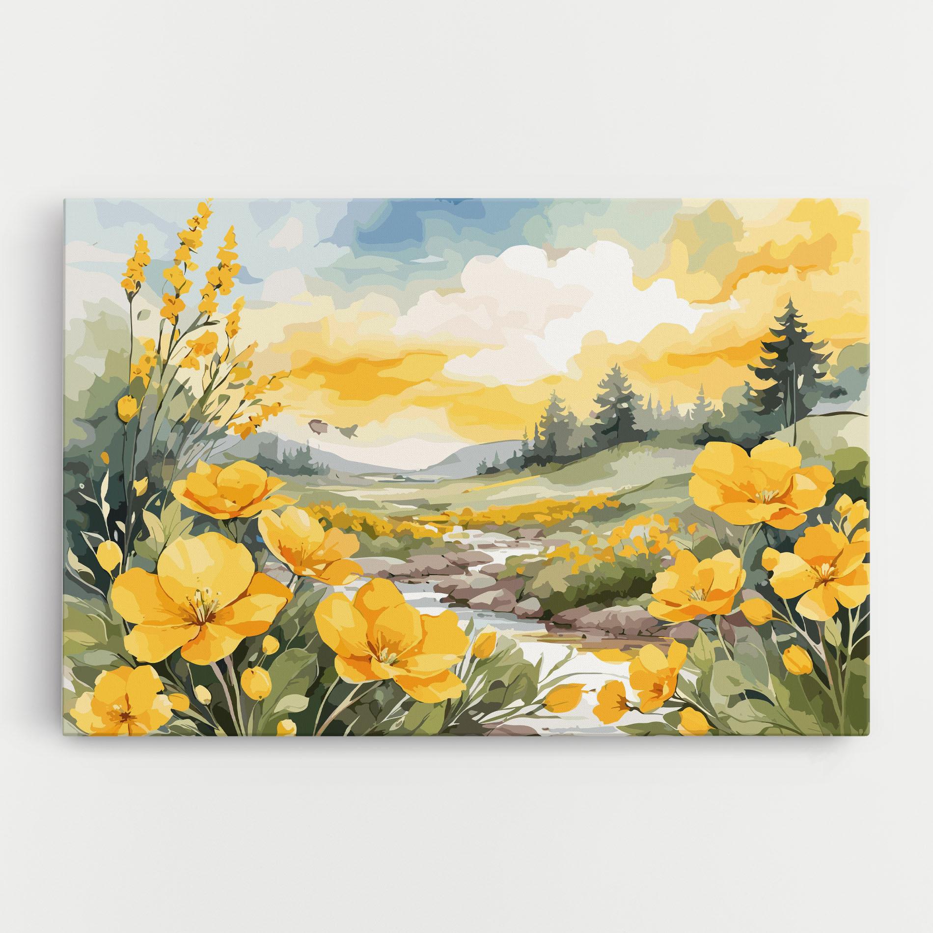 Leinwandbild Vector_nature_landscape_with_beautiful_yellow_flowers_watercolor mockup 0