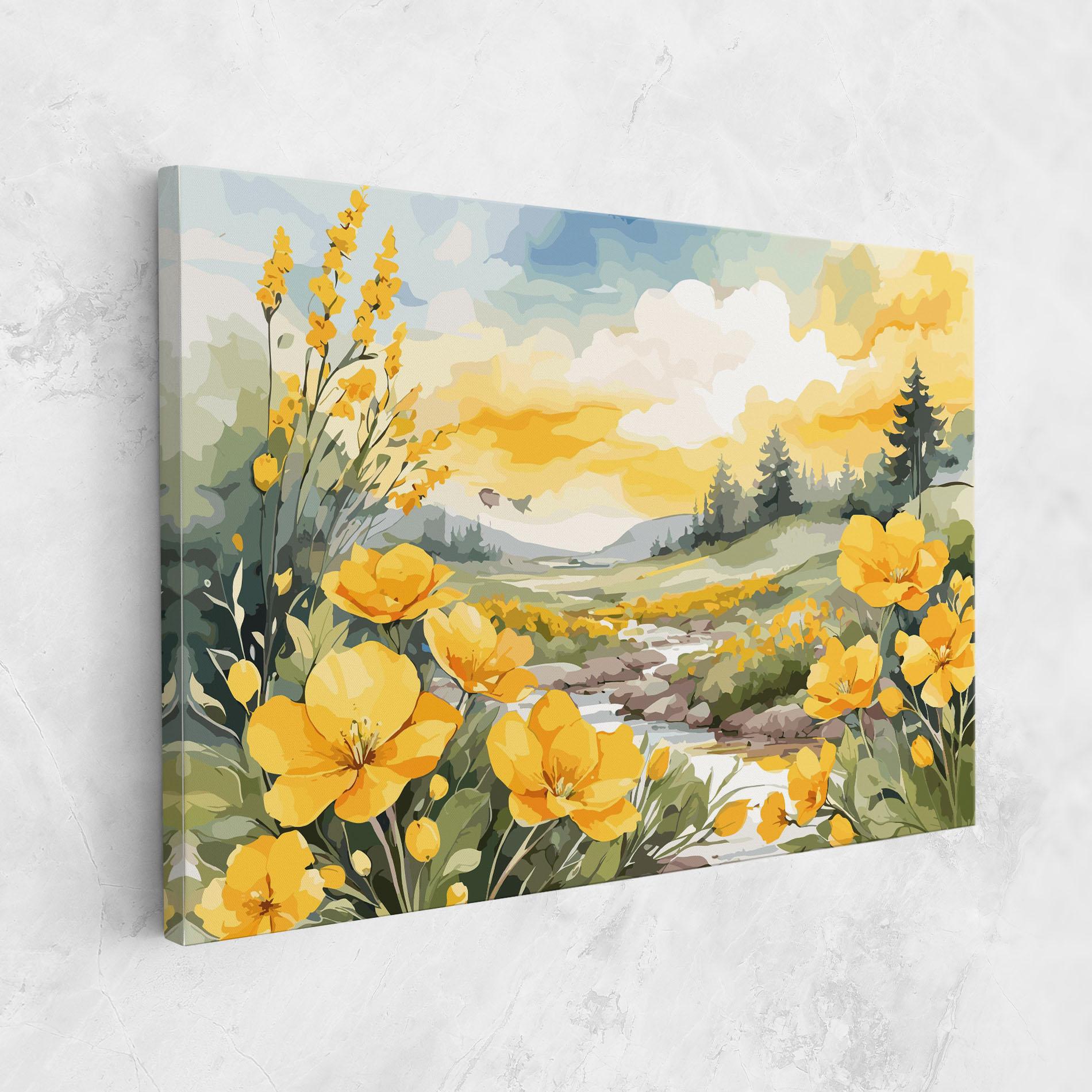 Leinwandbild Vector_nature_landscape_with_beautiful_yellow_flowers_watercolor mockup 1