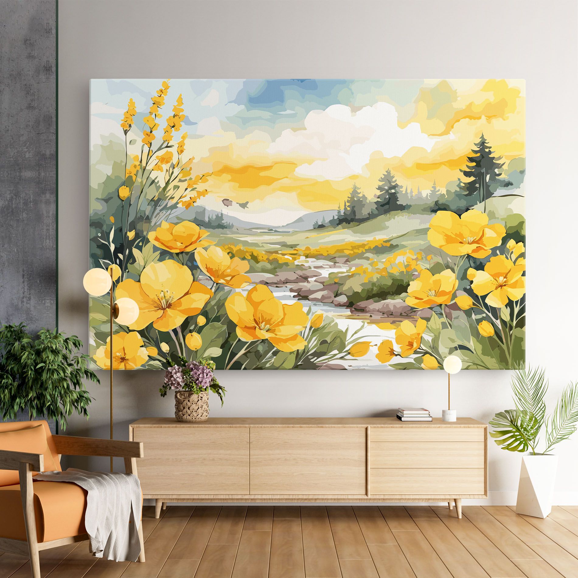 Vector_nature_landscape_with_beautiful_yellow_flowers_watercolor mockup 9