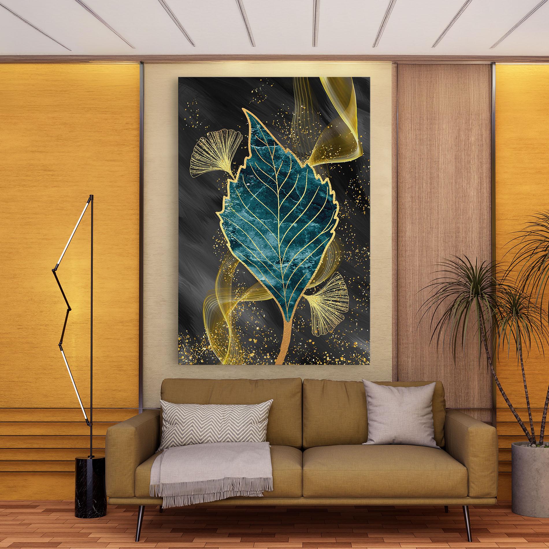 Leinwandbild Golden Leaves Blue mockup 9