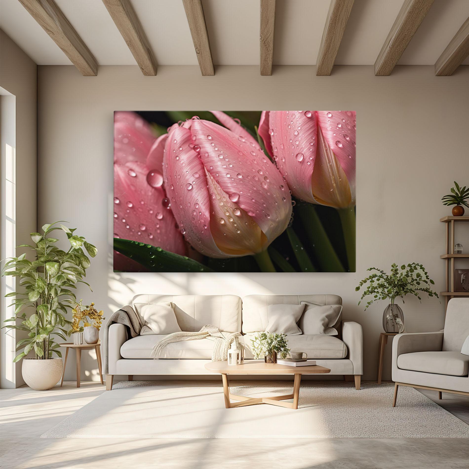 Leinwandbild Pink Tulip With Drops mockup 6