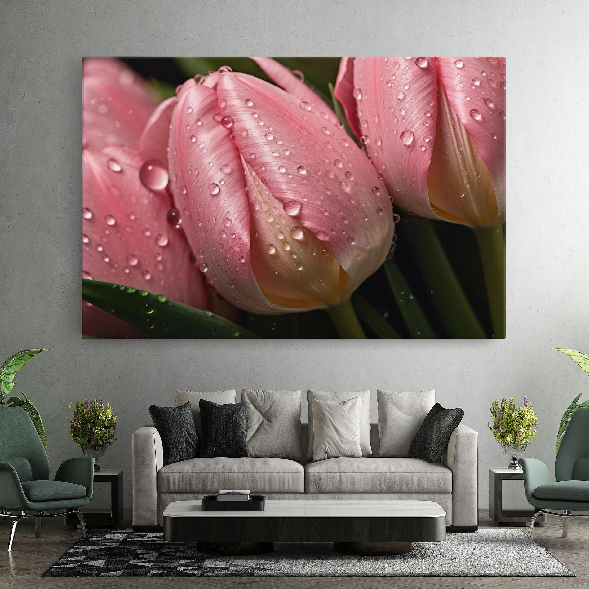 Leinwandbild Pink Tulip With Drops mockup 7