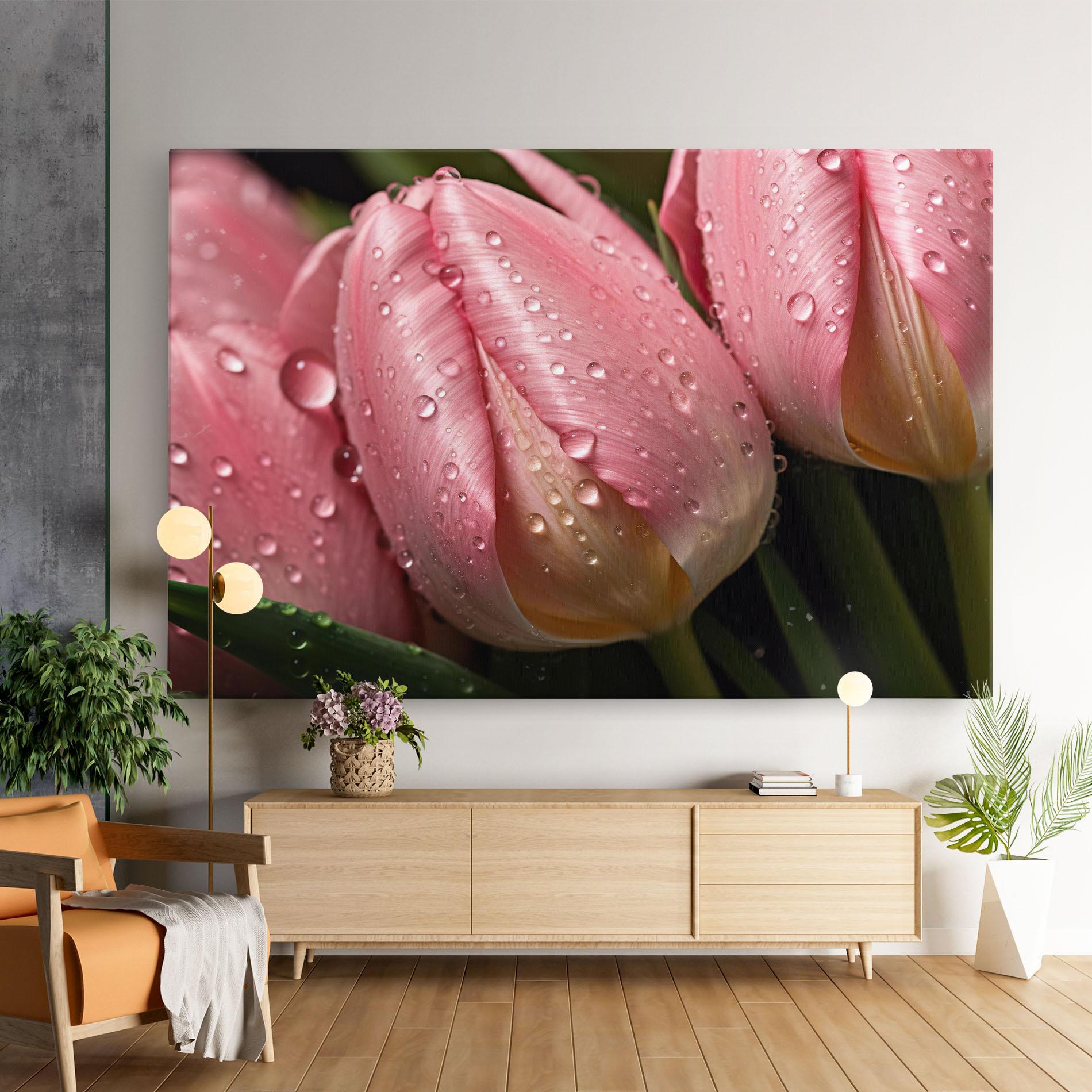 Leinwandbild Pink Tulip With Drops mockup 9