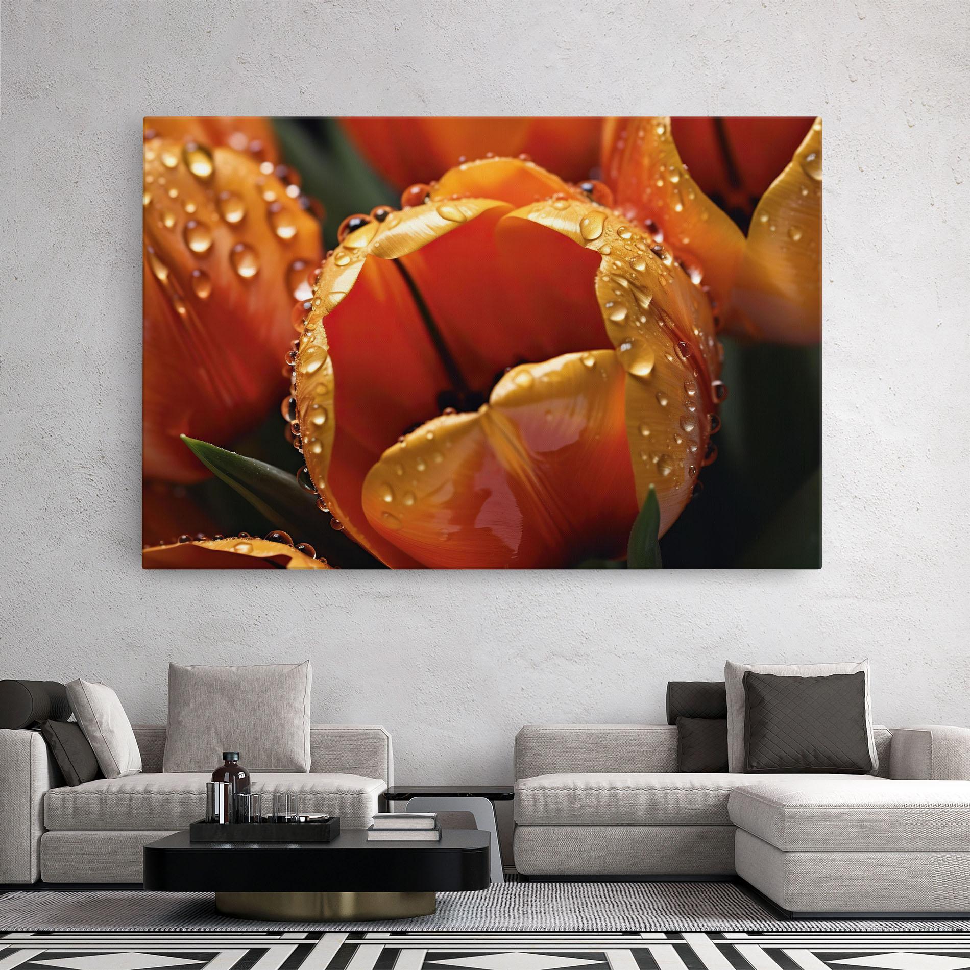Leinwandbild Orange Tulip Water Drops mockup 2