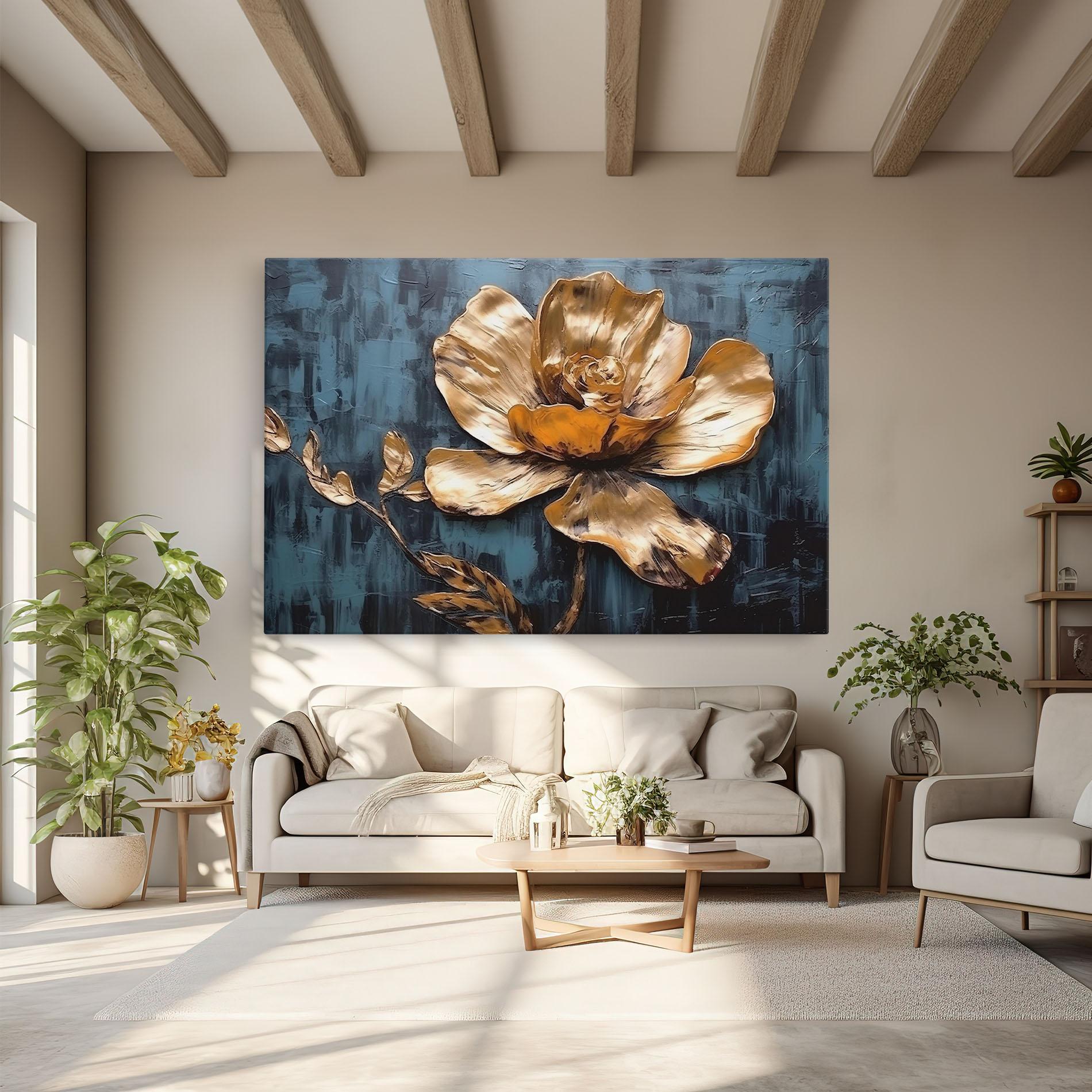 Leinwandbild Golden Rose On Blue mockup 6