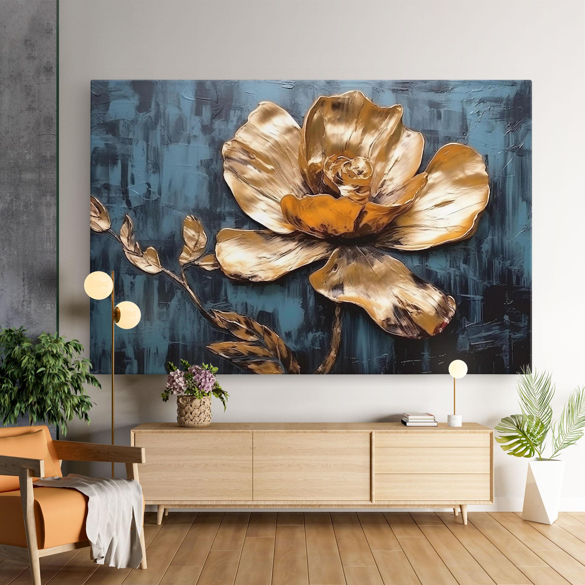 Leinwandbild Golden Rose On Blue mockup 9