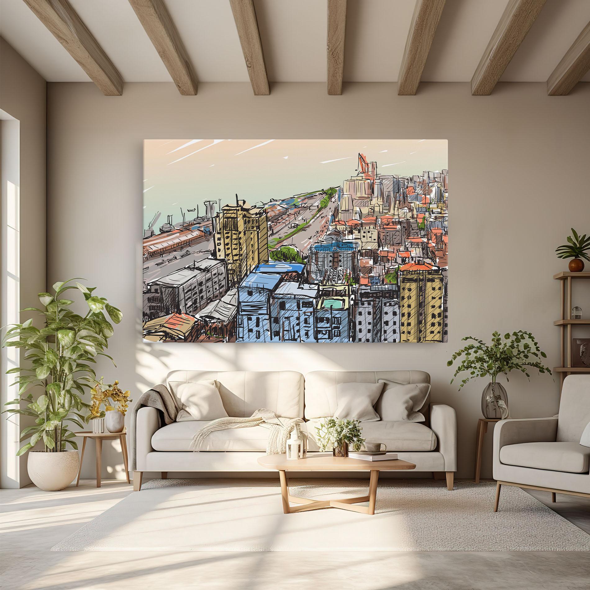 Leinwandbild Colorful City Drawing mockup 6
