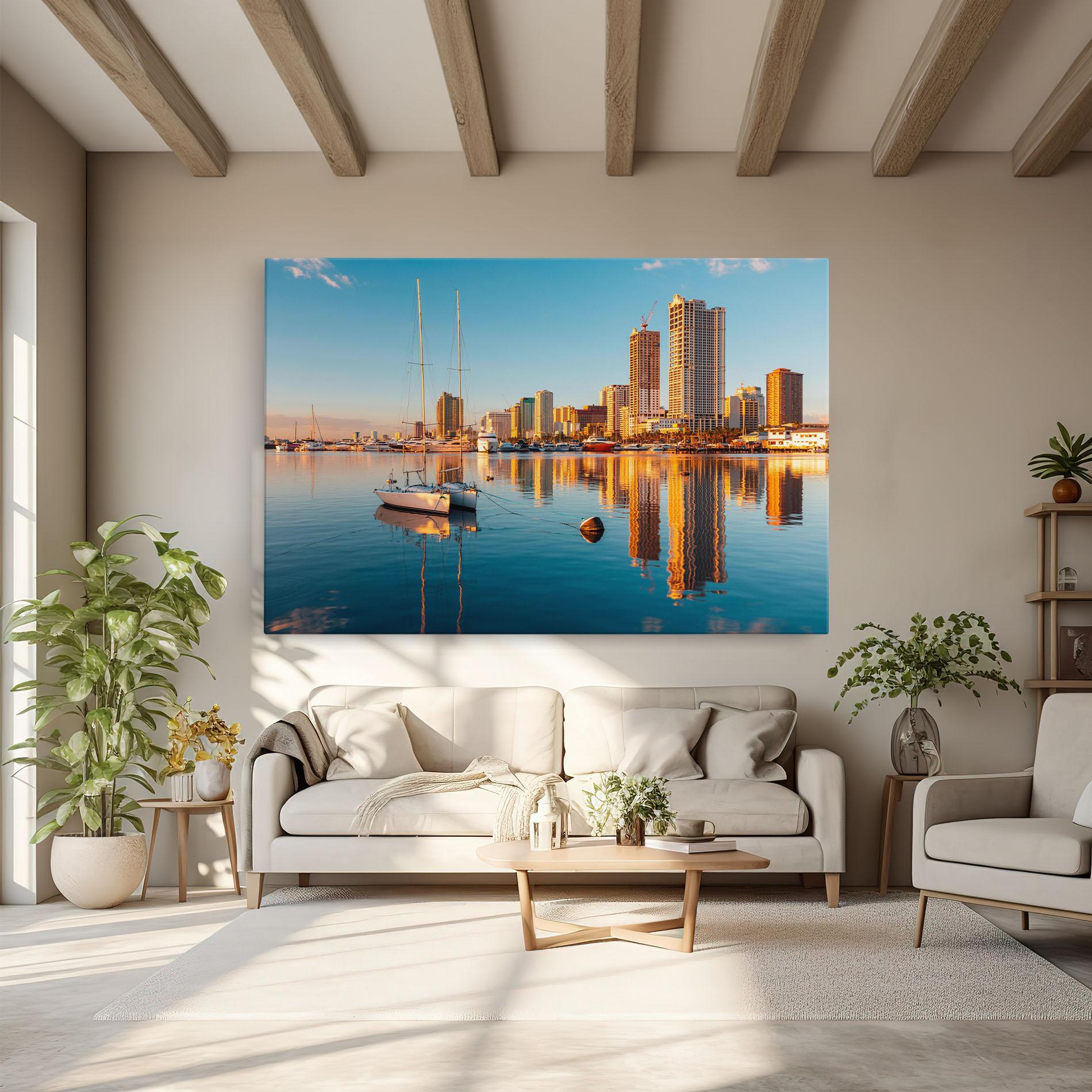 Leinwandbild Skyscrapers Water mockup 6