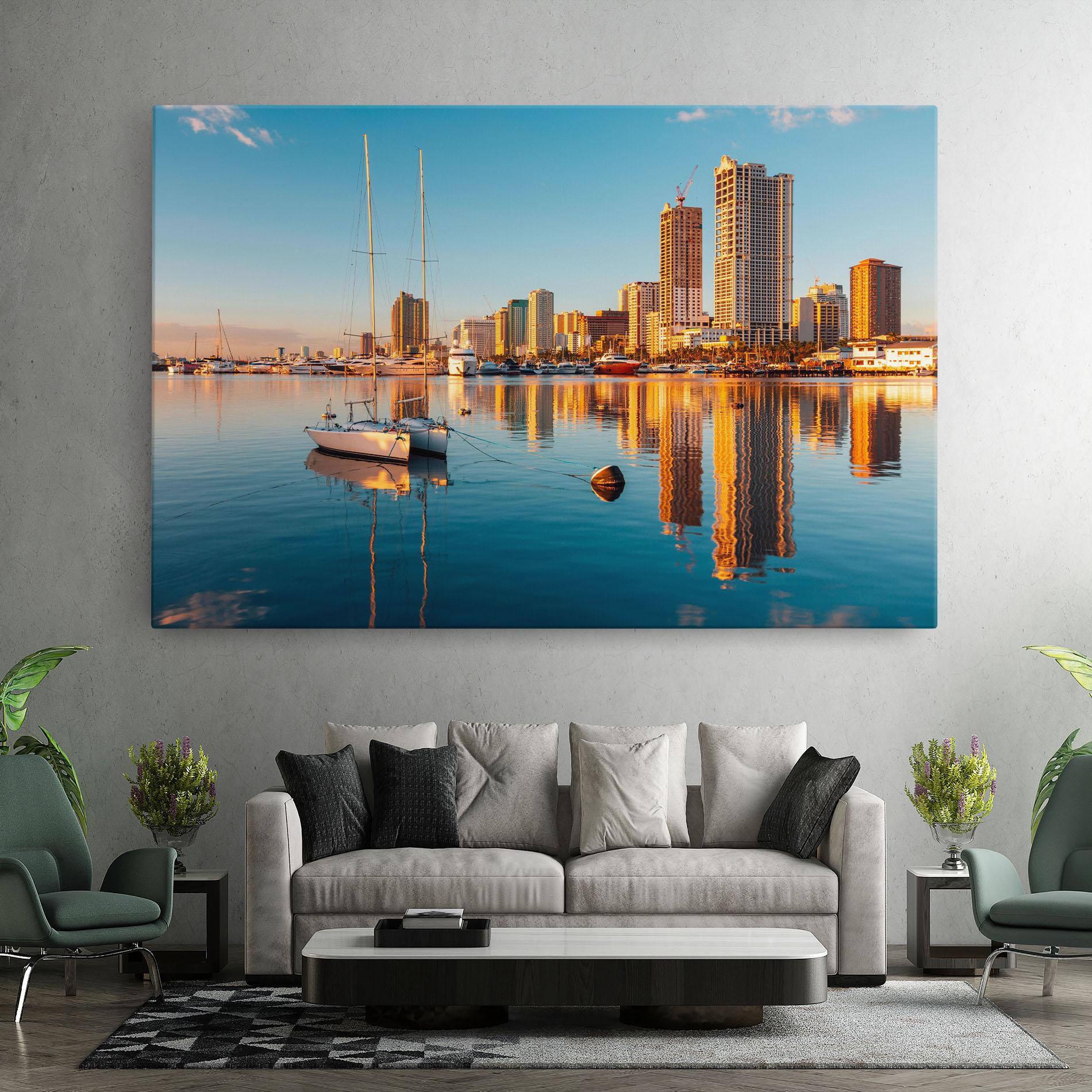 Leinwandbild Skyscrapers Water mockup 7