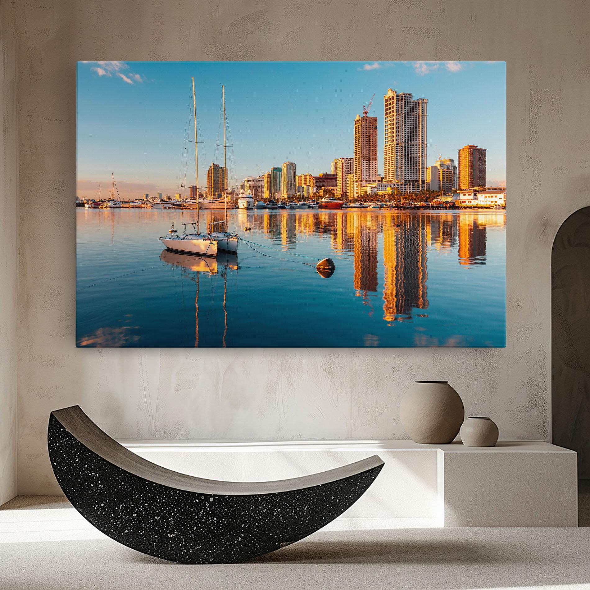 Leinwandbild Skyscrapers Water mockup 8