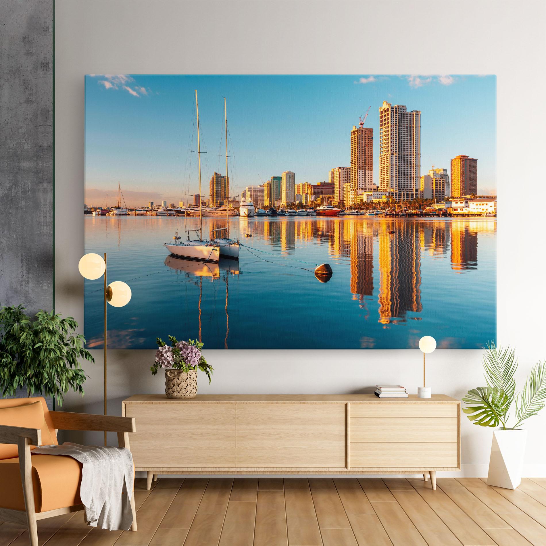 Leinwandbild Skyscrapers Water mockup 9