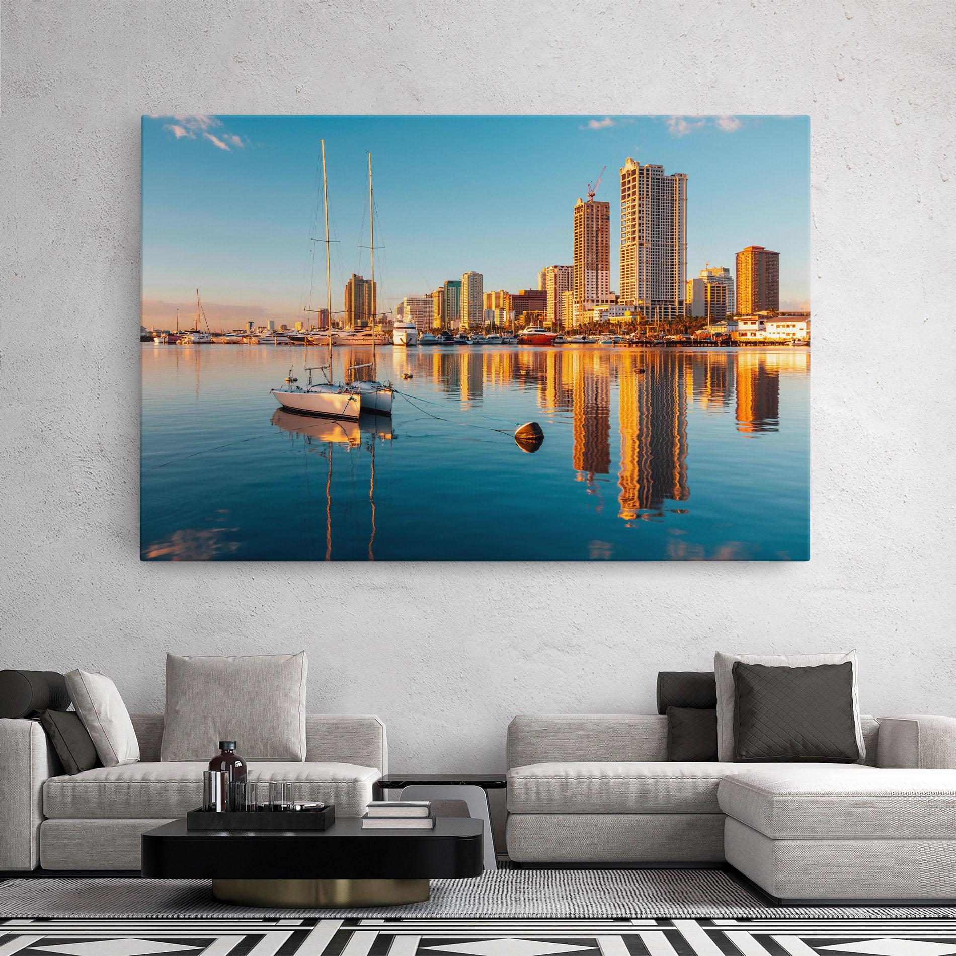 Leinwandbild Skyscrapers Water mockup 2