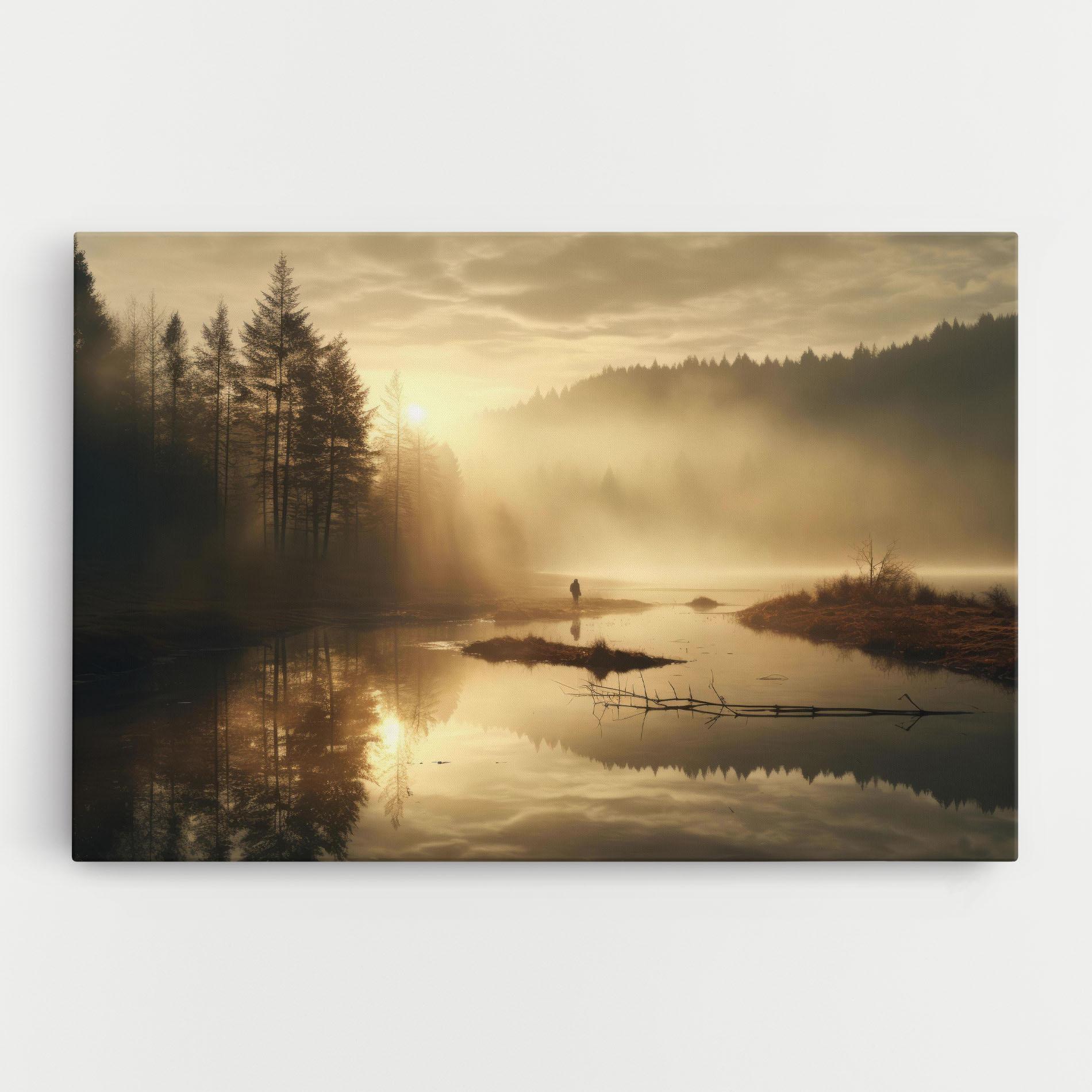 Leinwandbild The Sun Is Rising Over A River In A Foggy Forest mockup 0