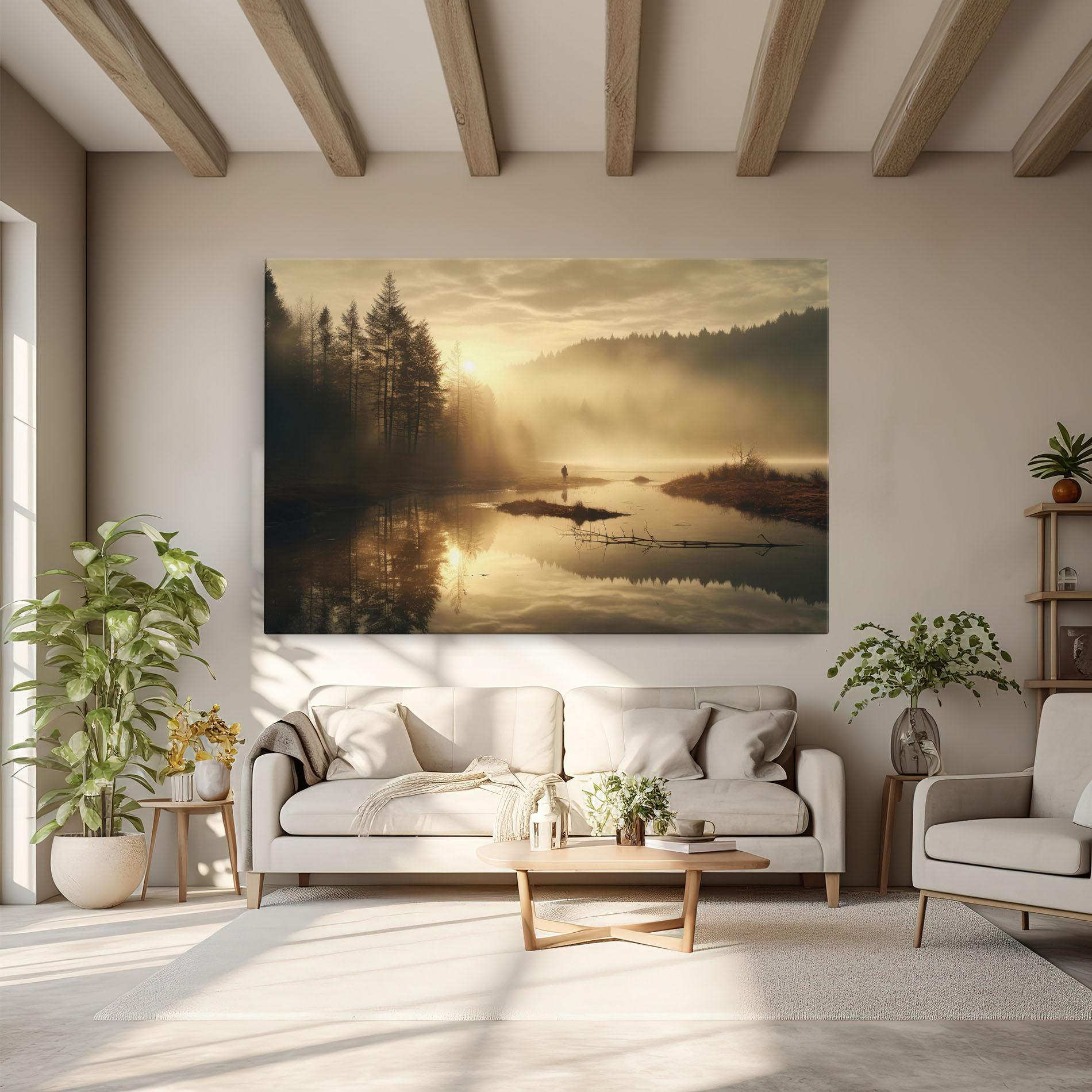 Leinwandbild The Sun Is Rising Over A River In A Foggy Forest mockup 6