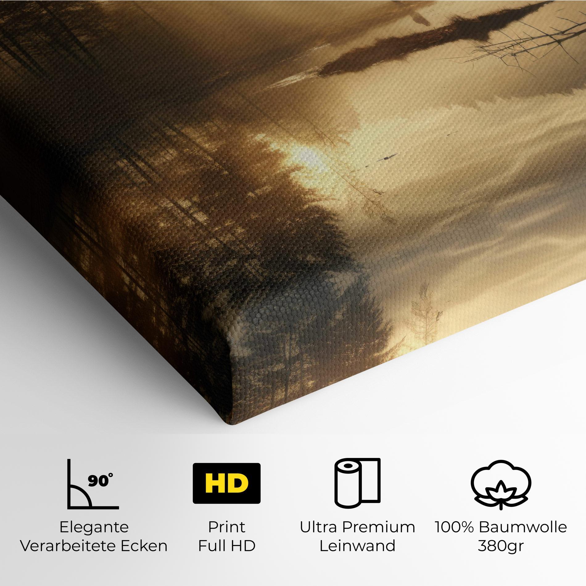 Leinwandbild The Sun Is Rising Over A River In A Foggy Forest mockup 4