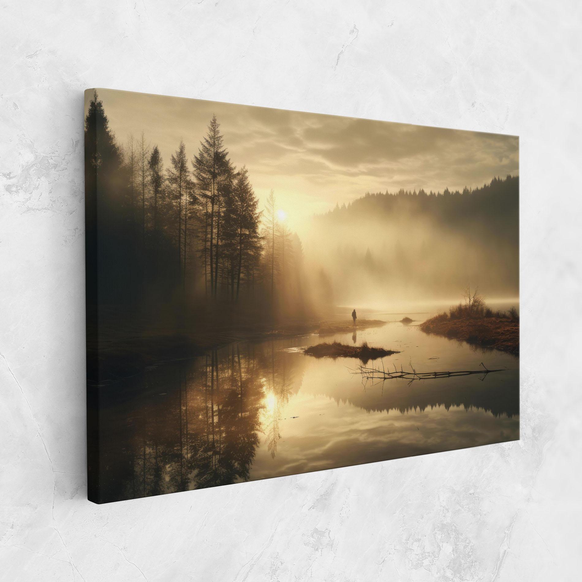 Leinwandbild The Sun Is Rising Over A River In A Foggy Forest mockup 1