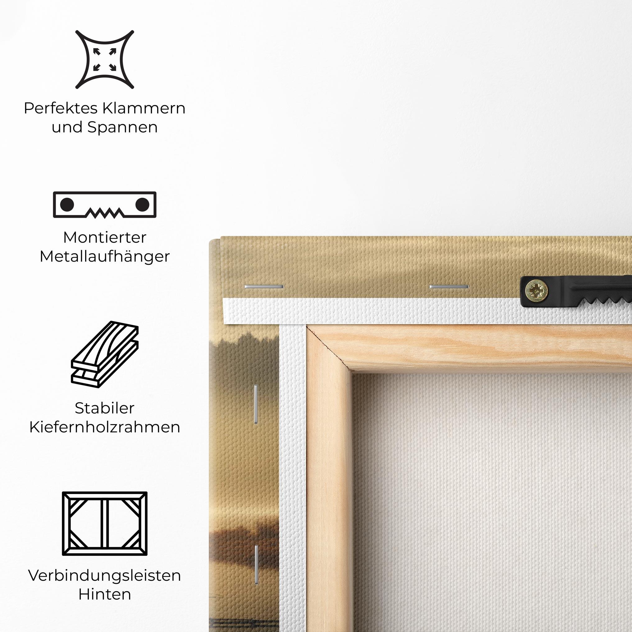 Leinwandbild The Sun Is Rising Over A River In A Foggy Forest mockup 5