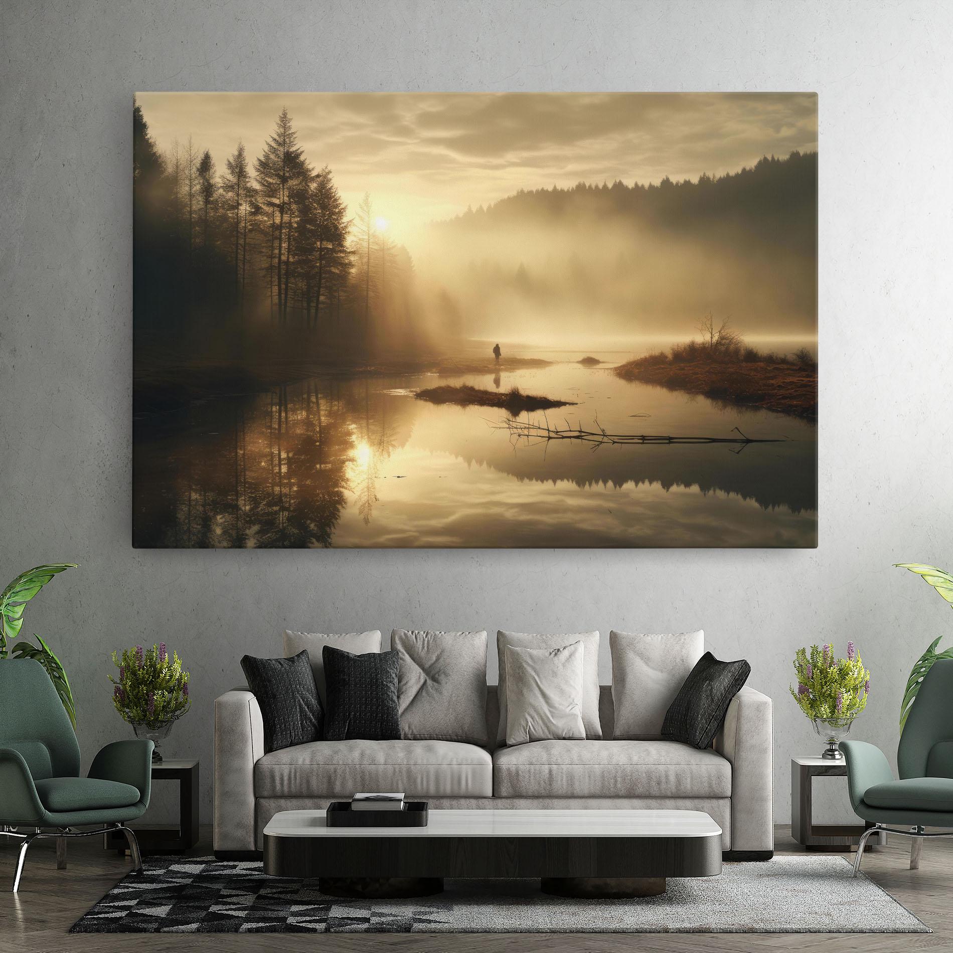Leinwandbild The Sun Is Rising Over A River In A Foggy Forest mockup 7