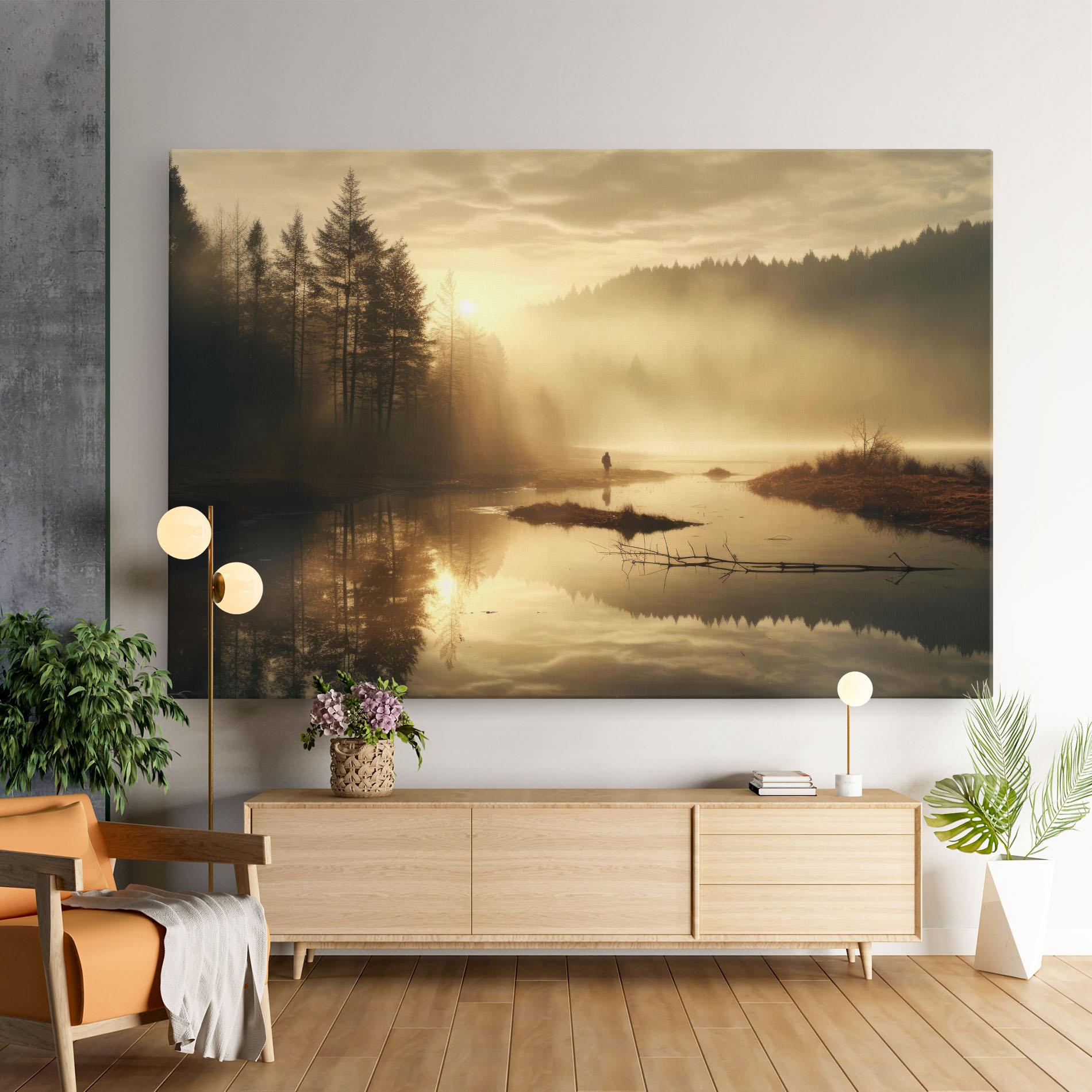 Leinwandbild The Sun Is Rising Over A River In A Foggy Forest mockup 9