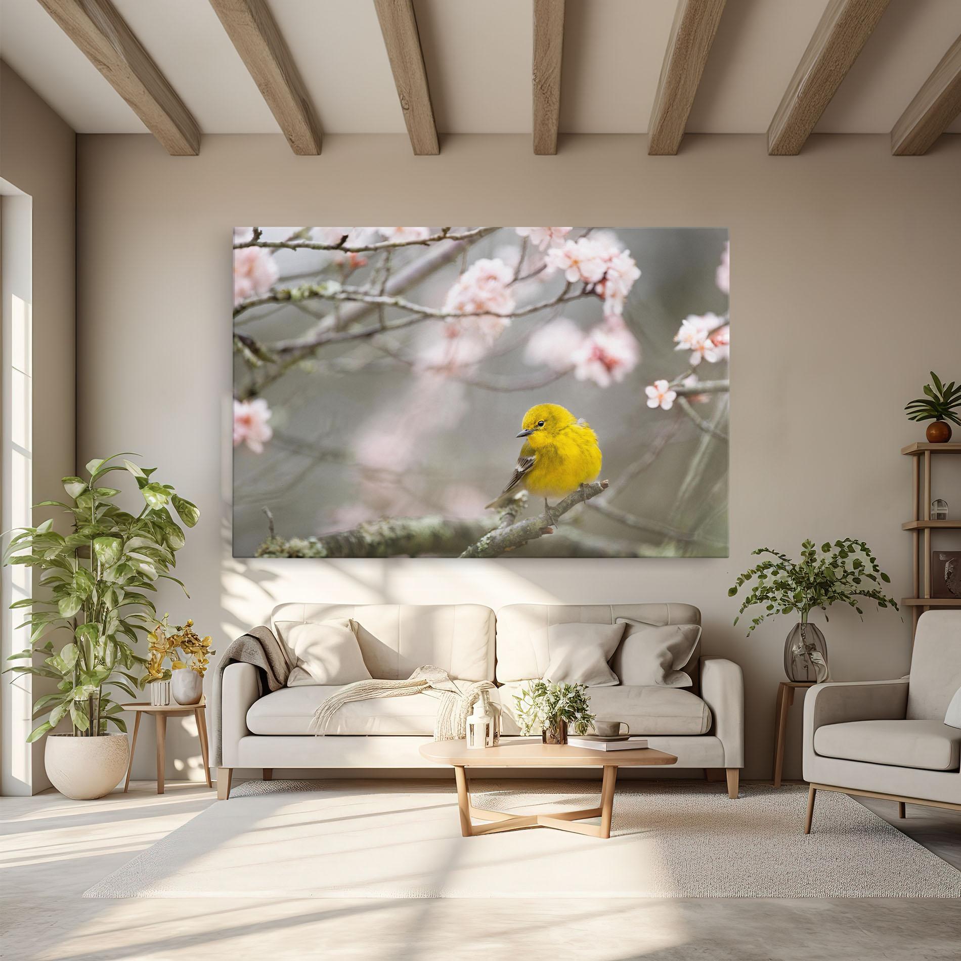Leinwandbild Pretty Spring Yellow Bird mockup 6