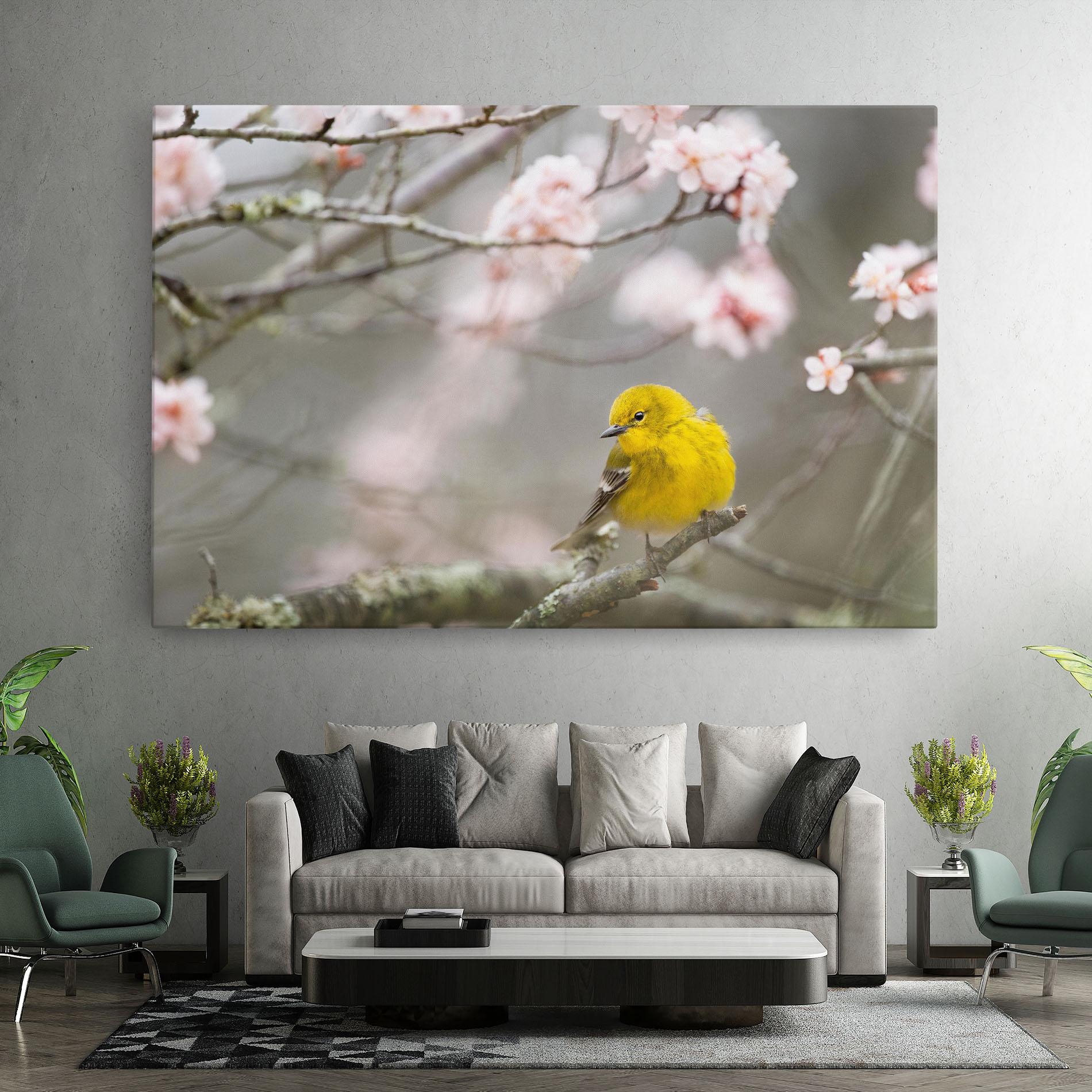 Leinwandbild Pretty Spring Yellow Bird mockup 7