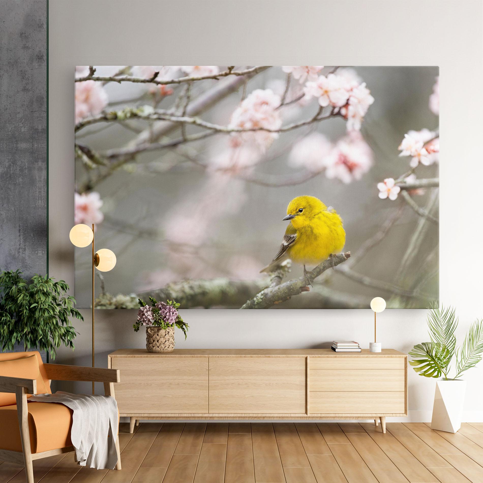 Leinwandbild Pretty Spring Yellow Bird mockup 9
