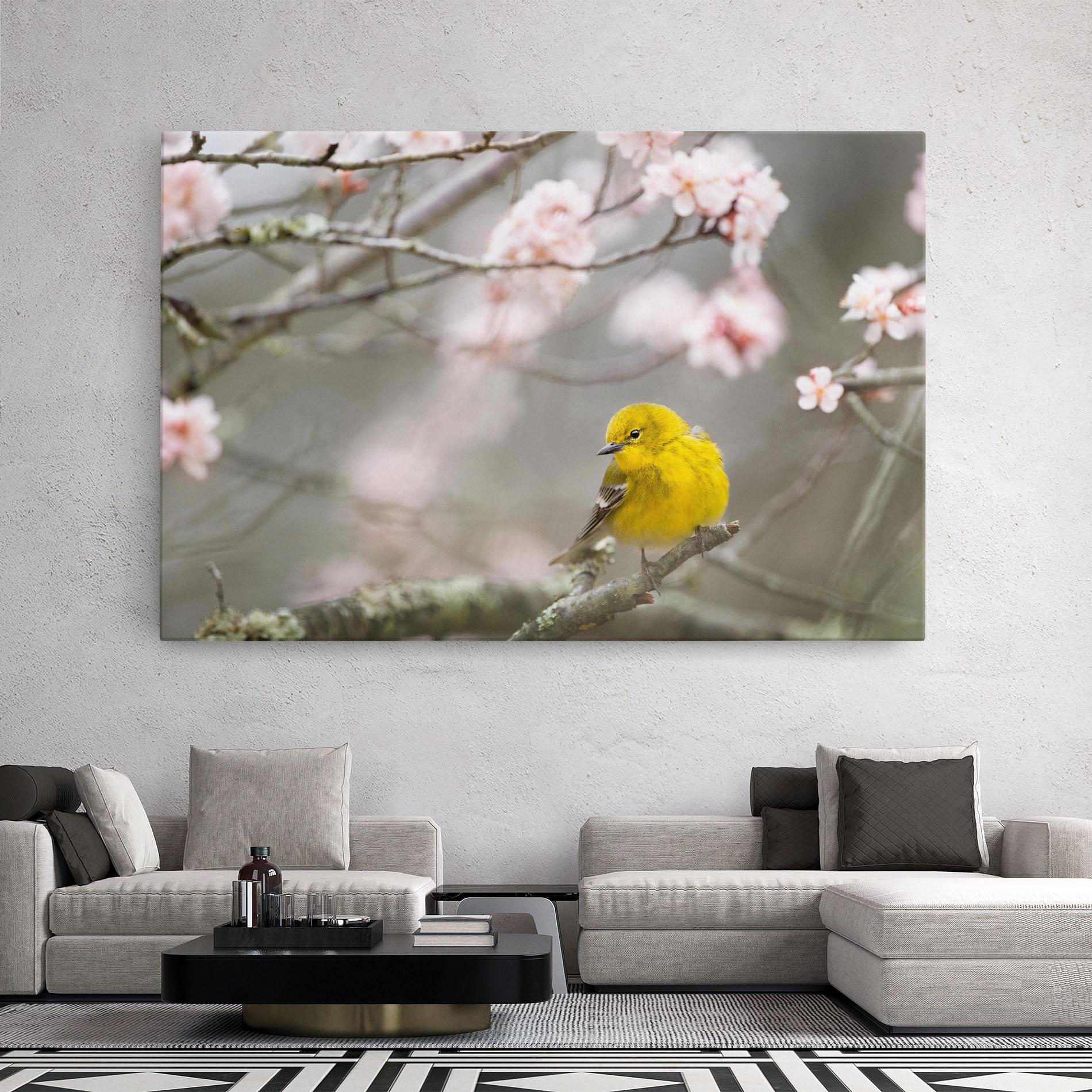 Leinwandbild Pretty Spring Yellow Bird mockup 2