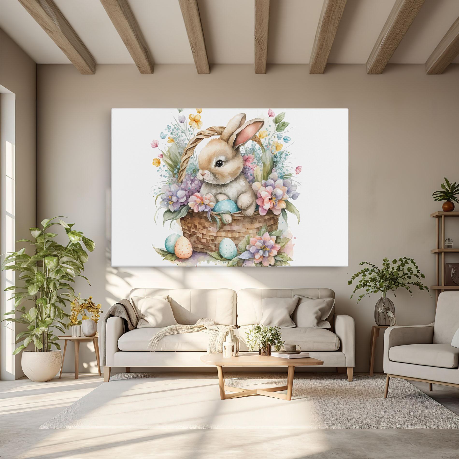 Leinwandbild Cute Bunny In Basket mockup 6