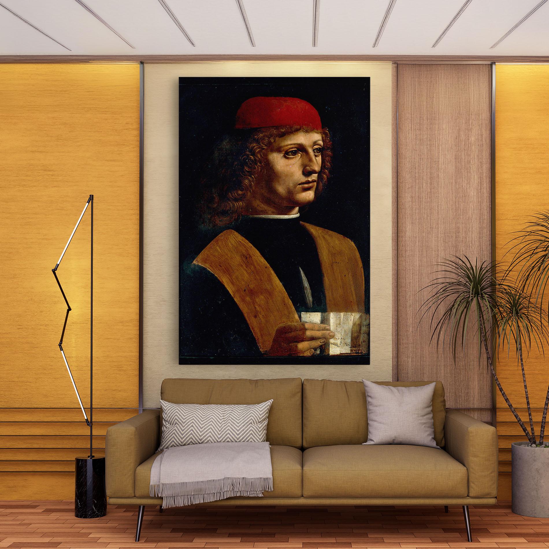 Leinwandbild Leonardo Da Vinci Portrait Of A Musician Pinacoteca Ambrosiana mockup 9