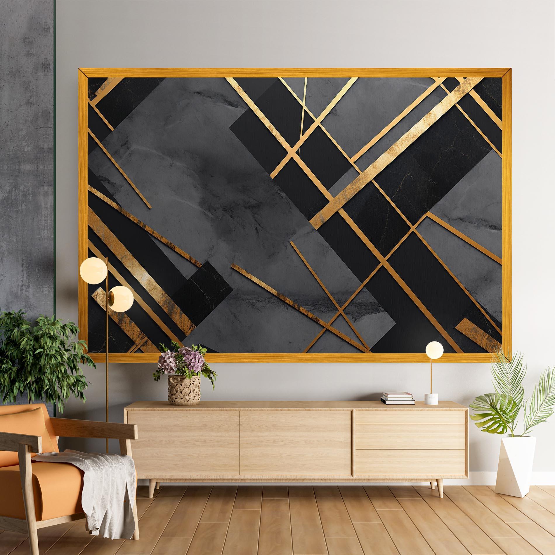 Leinwandbild Grey Painting With Gold Lines mockup 9