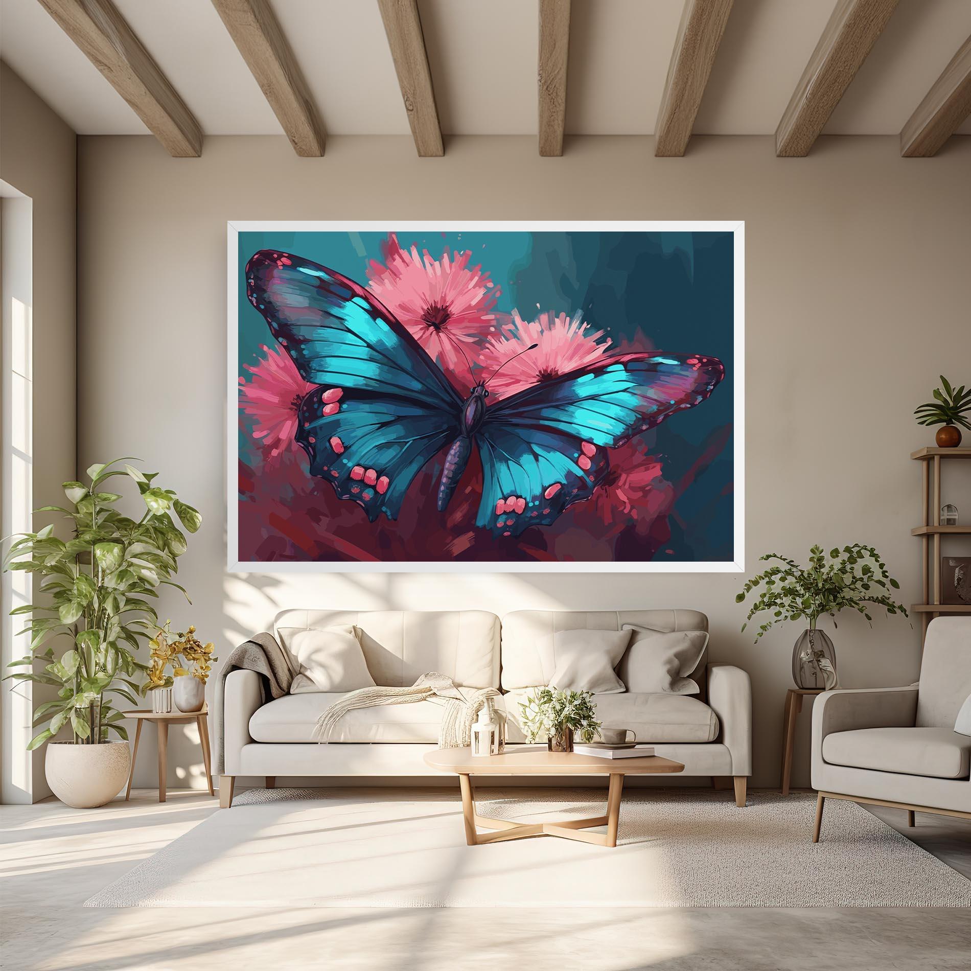 Leinwandbild Blue Butterfly On Pink mockup 6