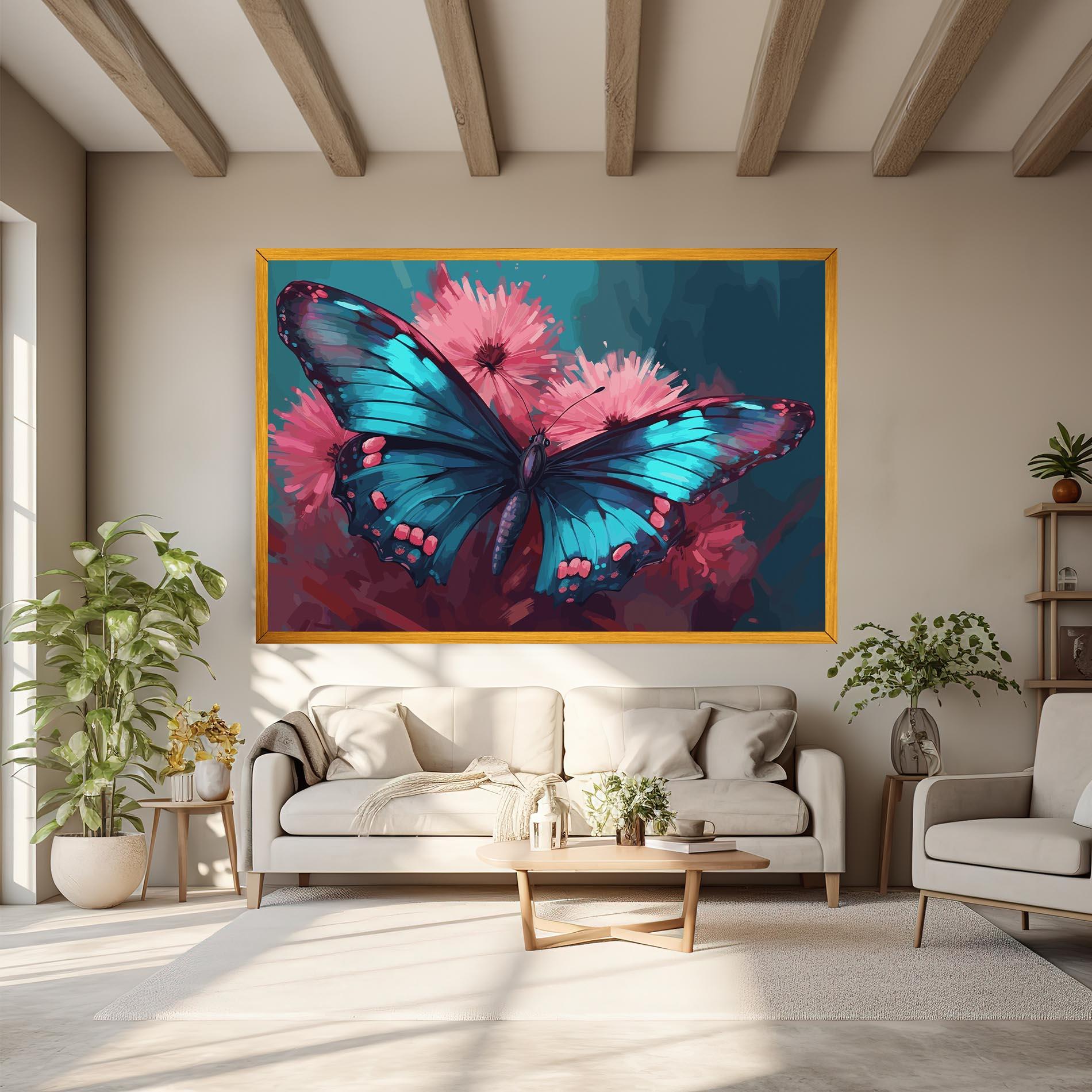 Leinwandbild Blue Butterfly On Pink mockup 6