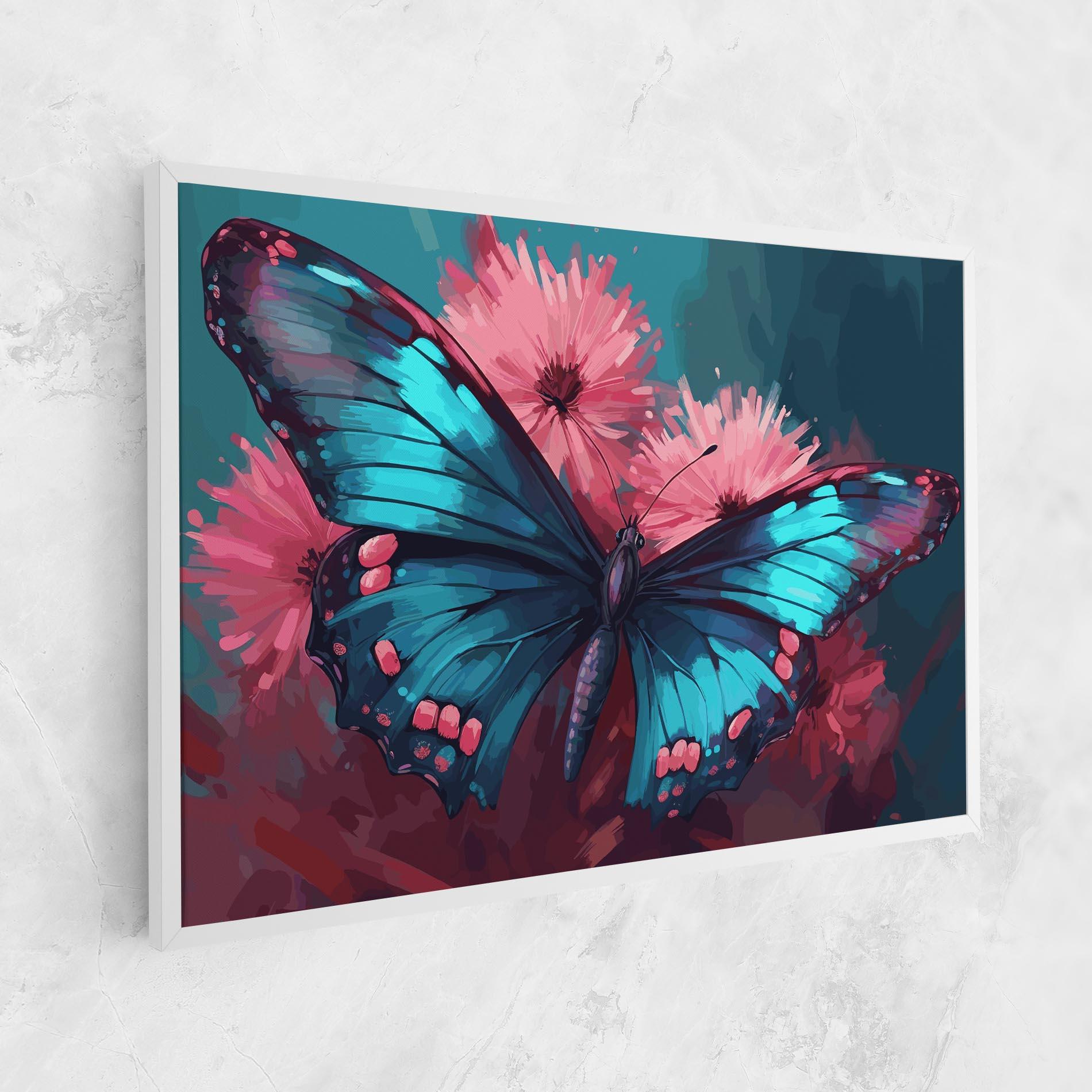 Leinwandbild Blue Butterfly On Pink mockup 1