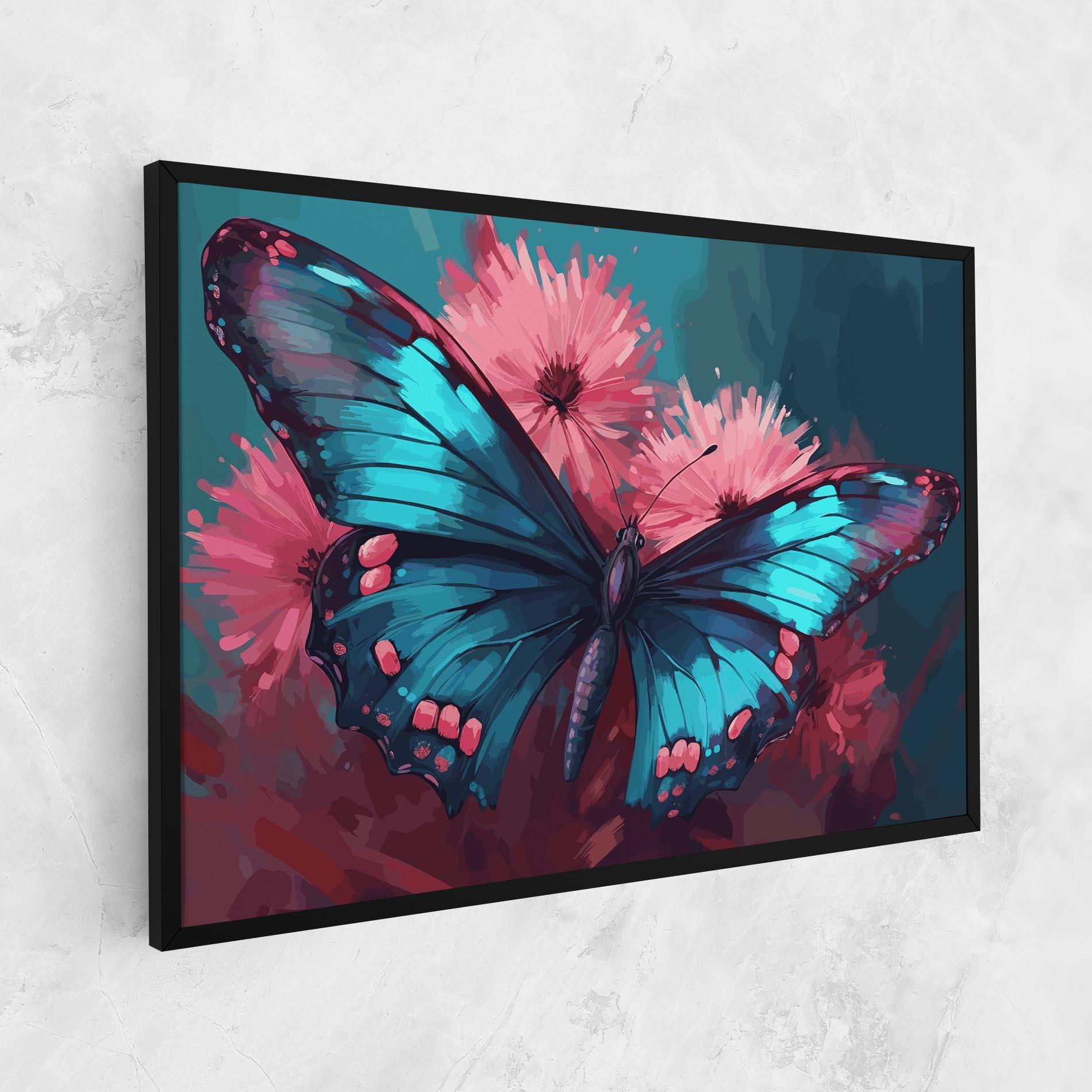 Leinwandbild Blue Butterfly On Pink mockup 1