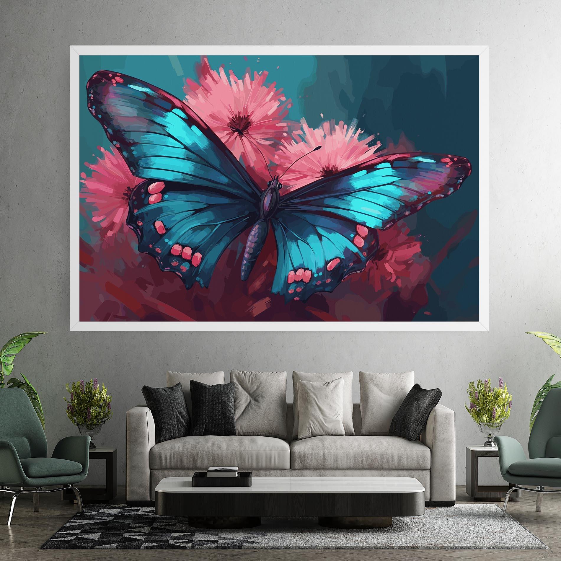 Leinwandbild Blue Butterfly On Pink mockup 7