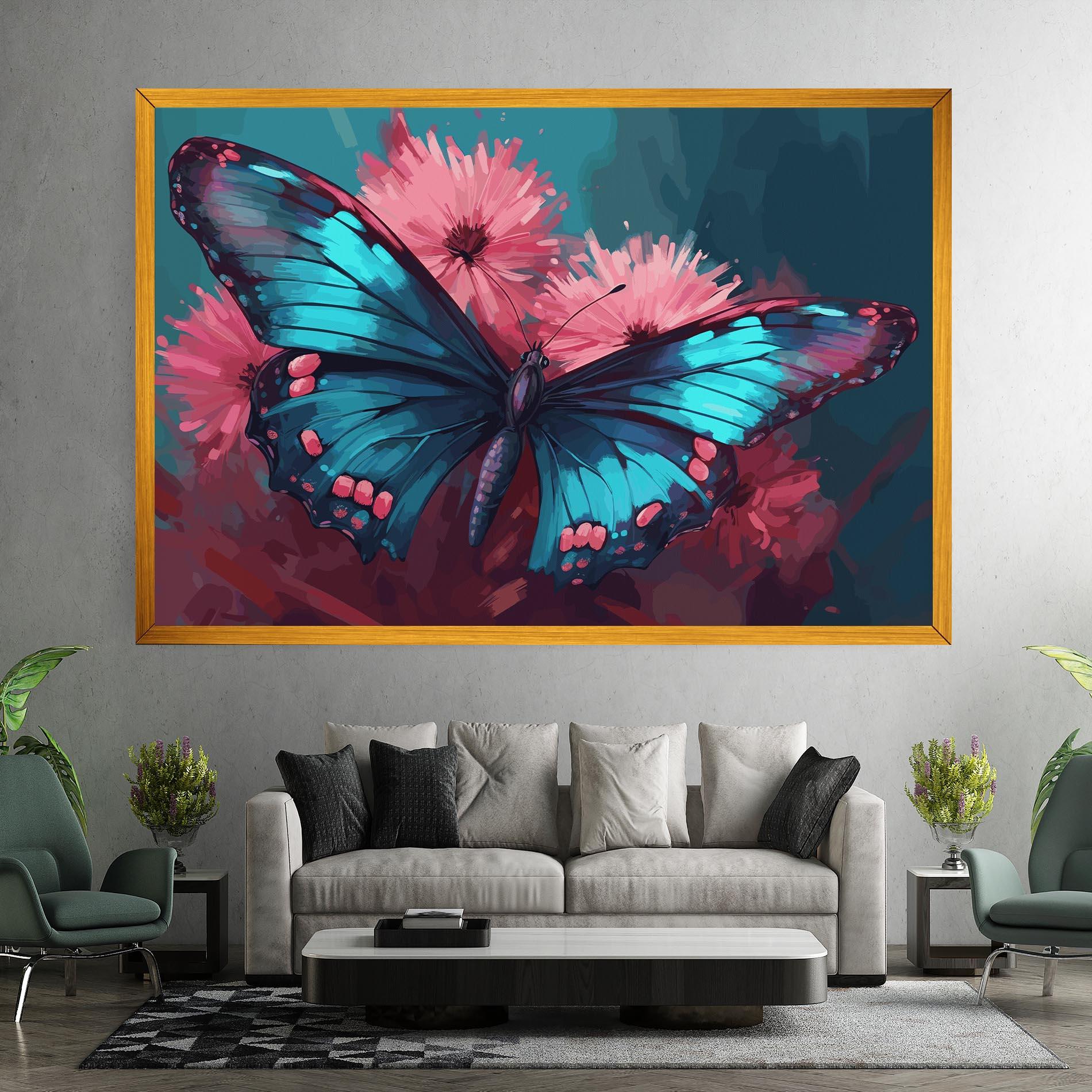 Leinwandbild Blue Butterfly On Pink mockup 7