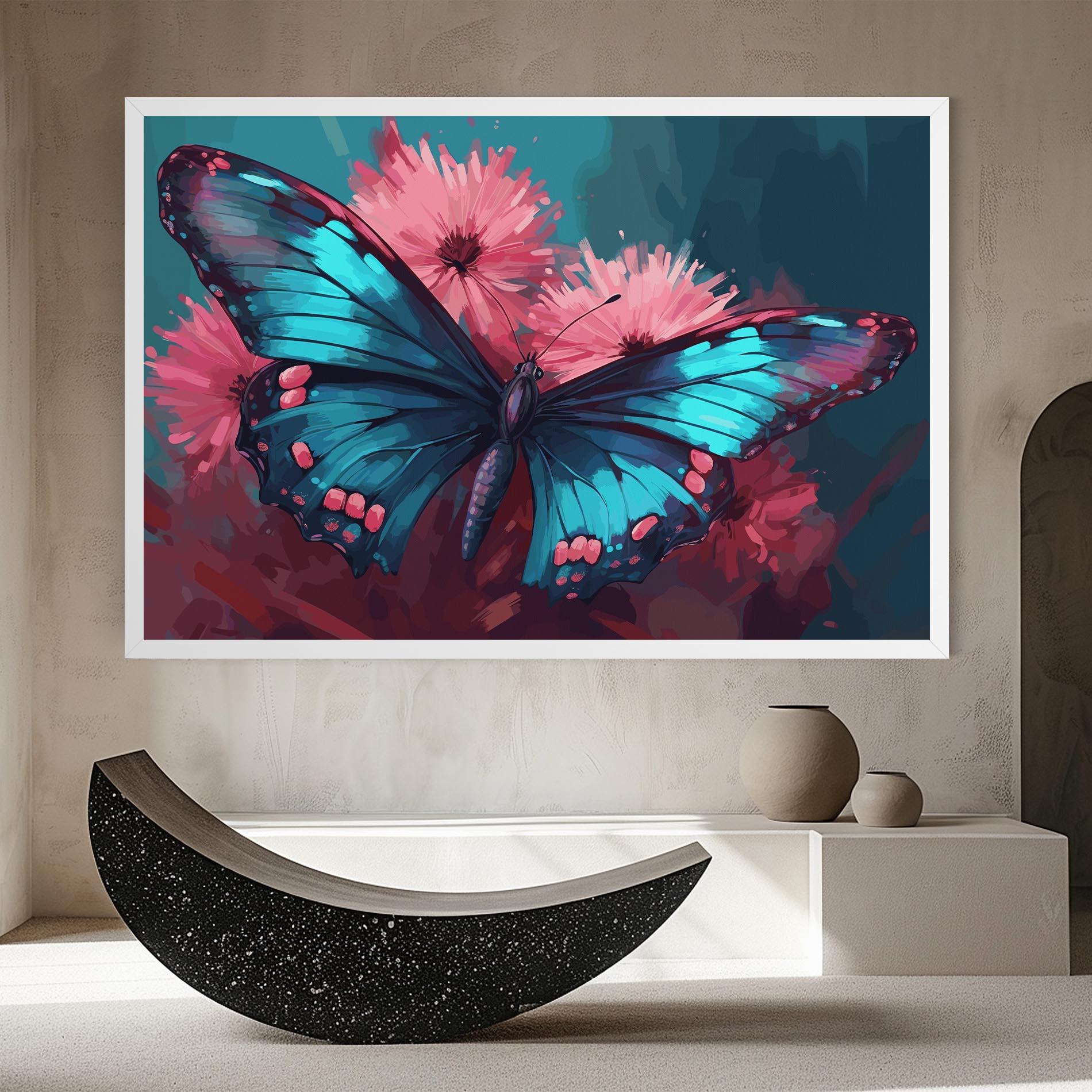 Leinwandbild Blue Butterfly On Pink mockup 8